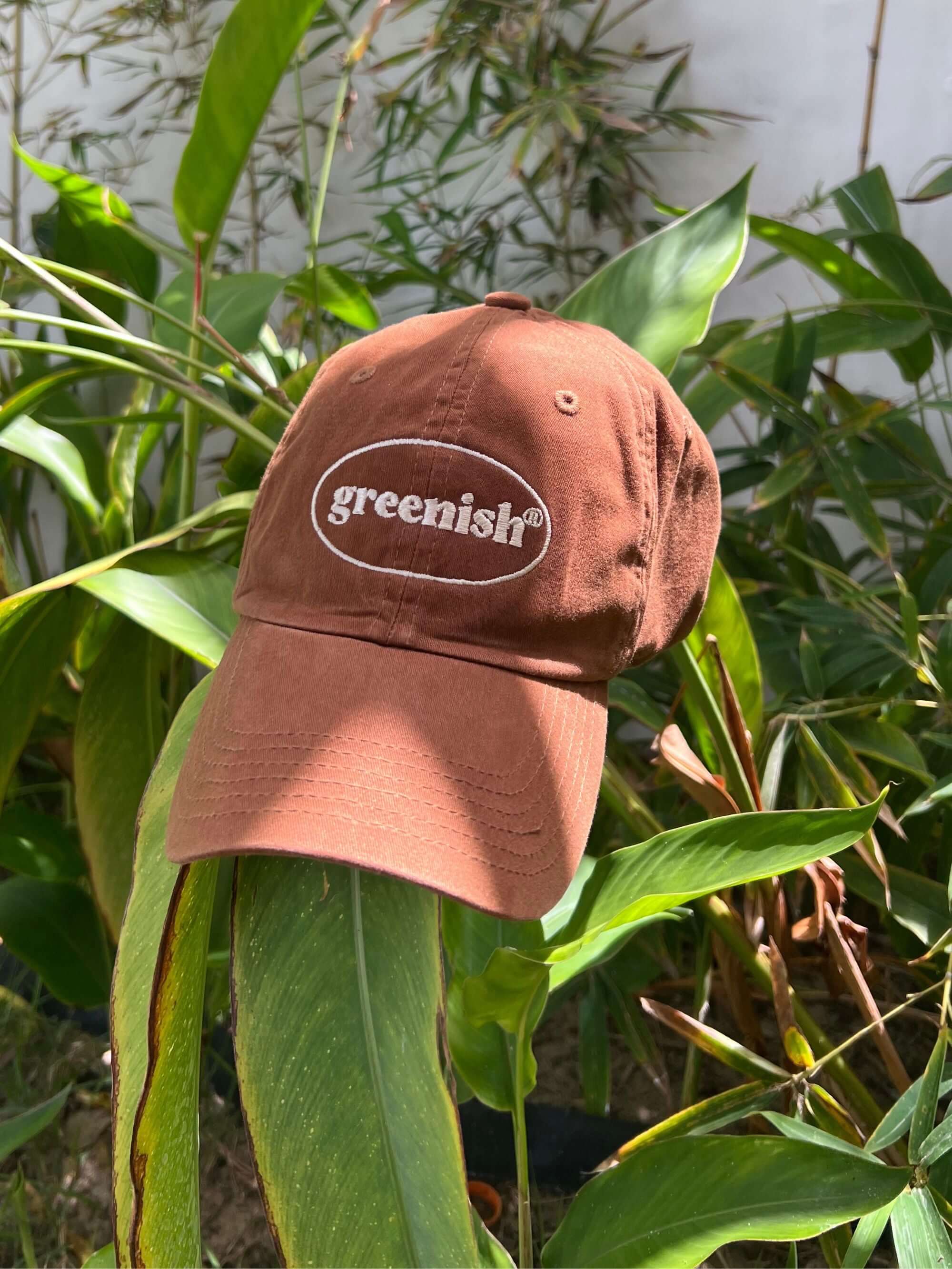 Boné tingido Greenish ocre com logo novo em ambiente natural.