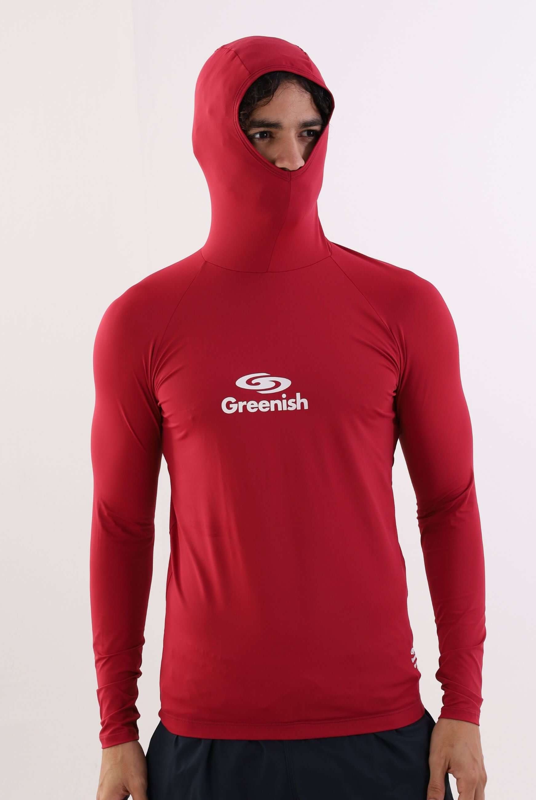 Colete com capuz vermelho da Greenish, ideal para esportes aquáticos com proteção UV e conforto.