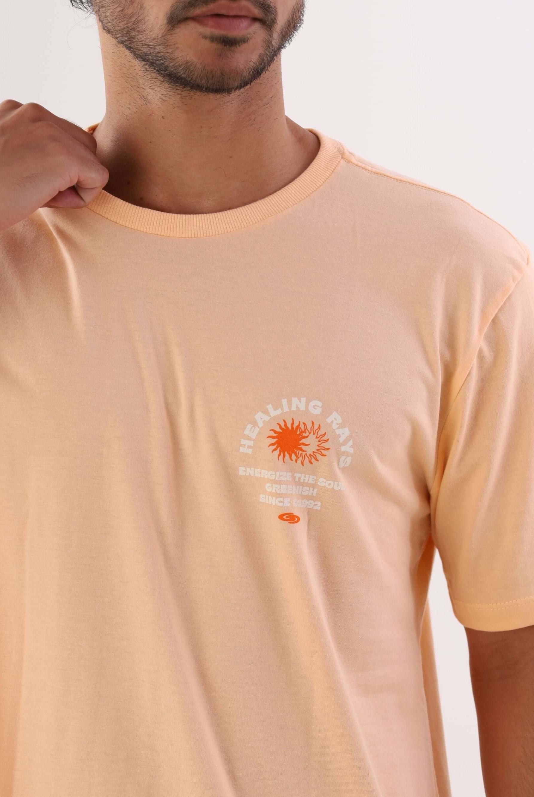 Camiseta Healing Rays cor salmão da marca Greenish, destacando estampa do sol e design moderno.