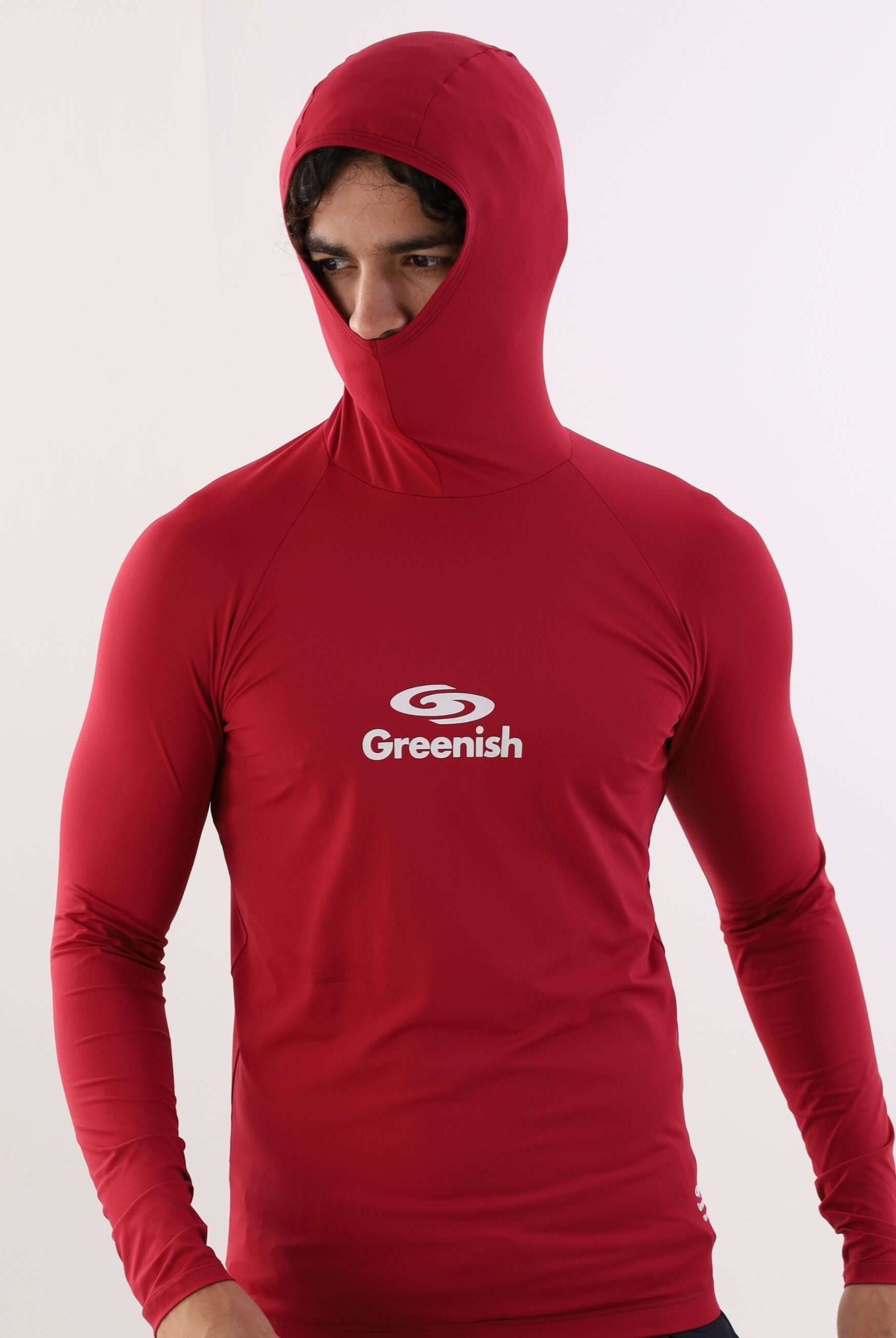 Colete com capuz vermelho Greenish, fabricado em lycra UV, ideal para esportes aquáticos e proteção solar.