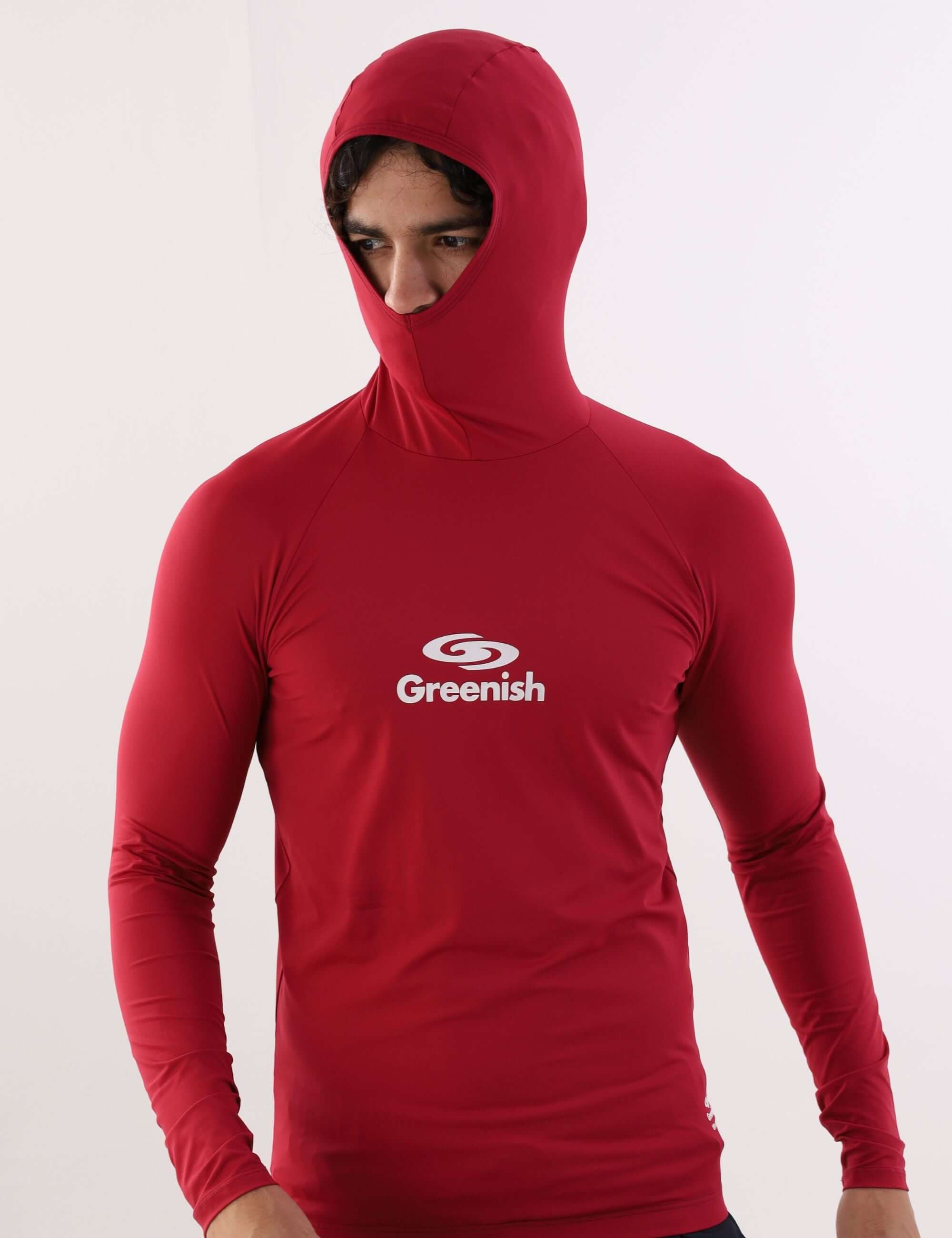 Colete com capuz vermelho Greenish, fabricado em lycra UV, ideal para esportes aquáticos e proteção solar.