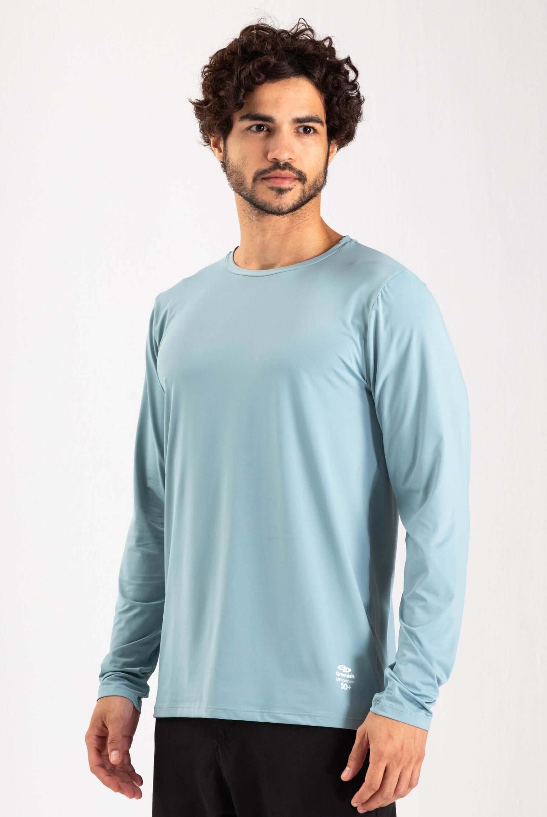 Camisa UV Manga Longa Greenish em tom azul, ideal para proteção solar durante atividades ao ar livre.