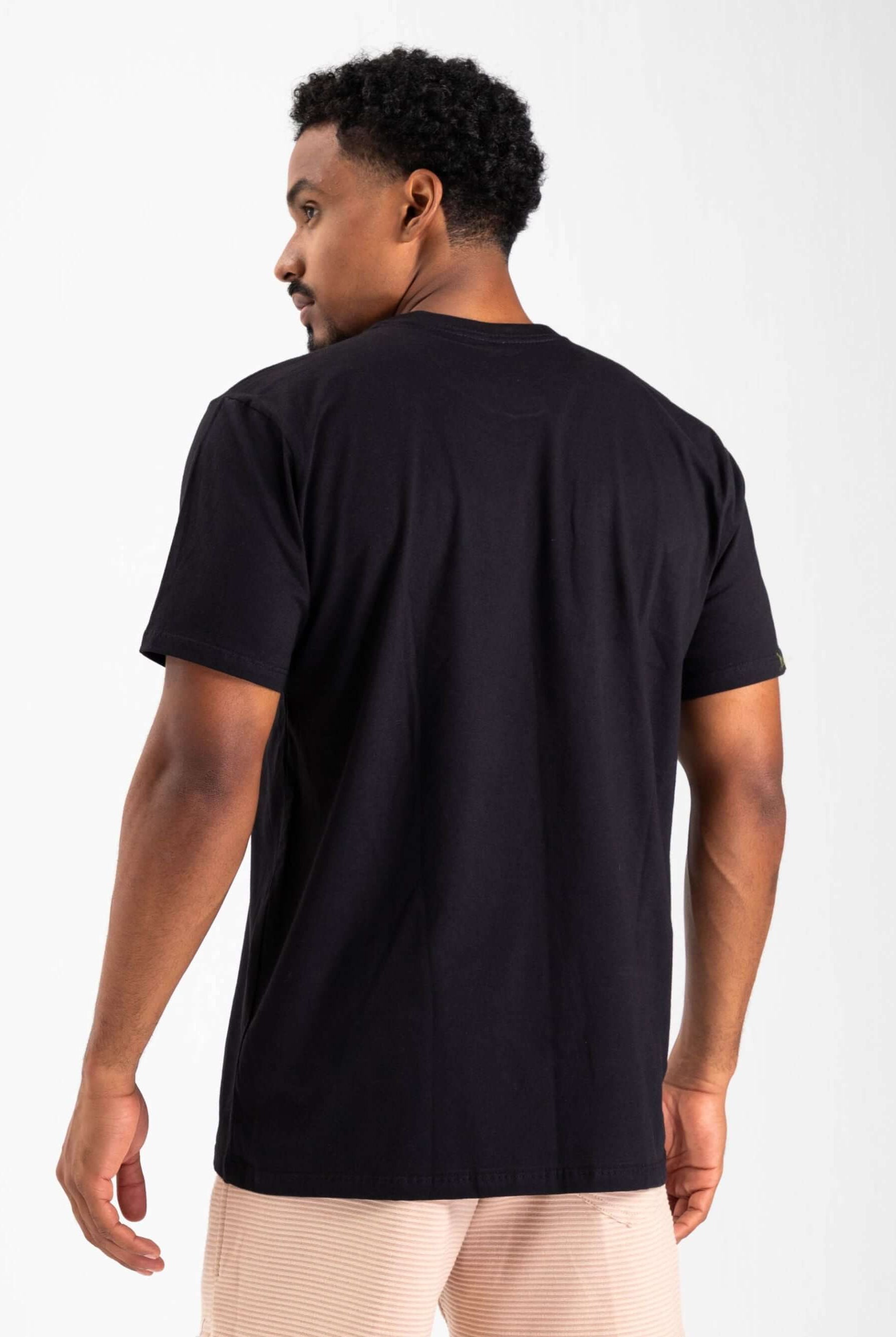 Camiseta preta com logo minimalista, feita de algodão sustentável, modelo clássico da marca Greenish.