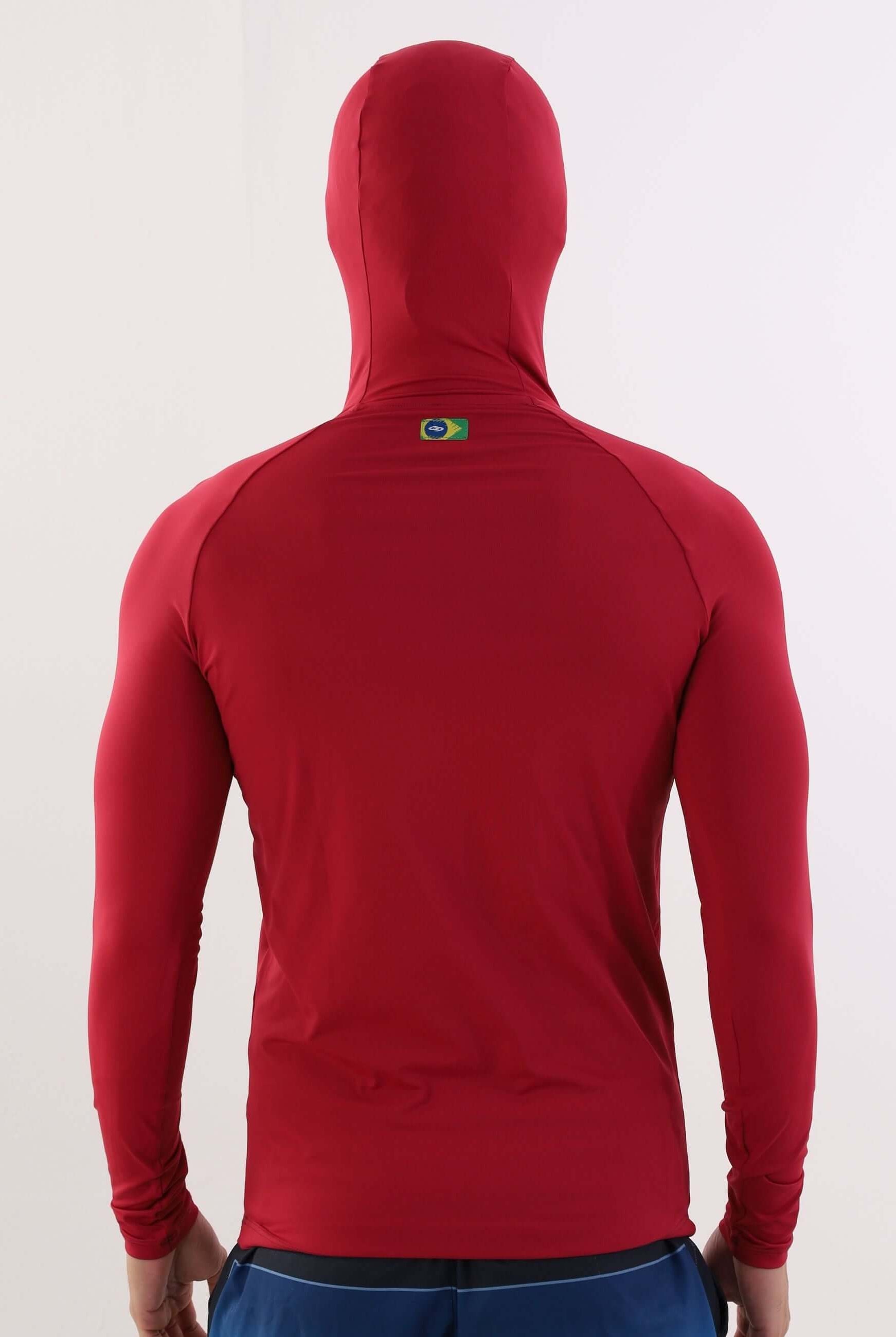 Colete com capuz vermelho da Greenish, ideal para esportes aquáticos com proteção UV.