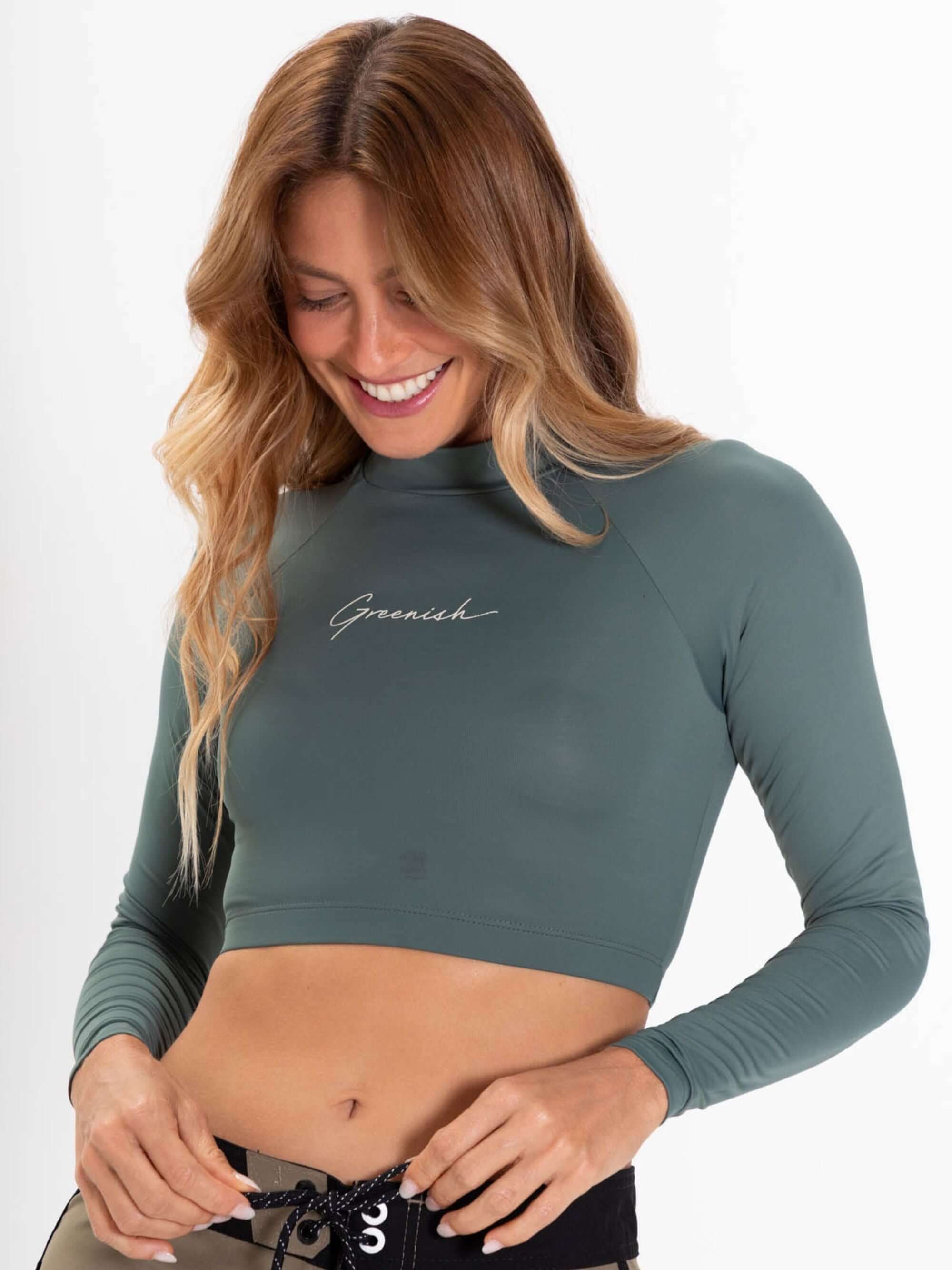 Colete Cropped Basic Verde da Greenish, perfeito para praia, surf e proteção UV.