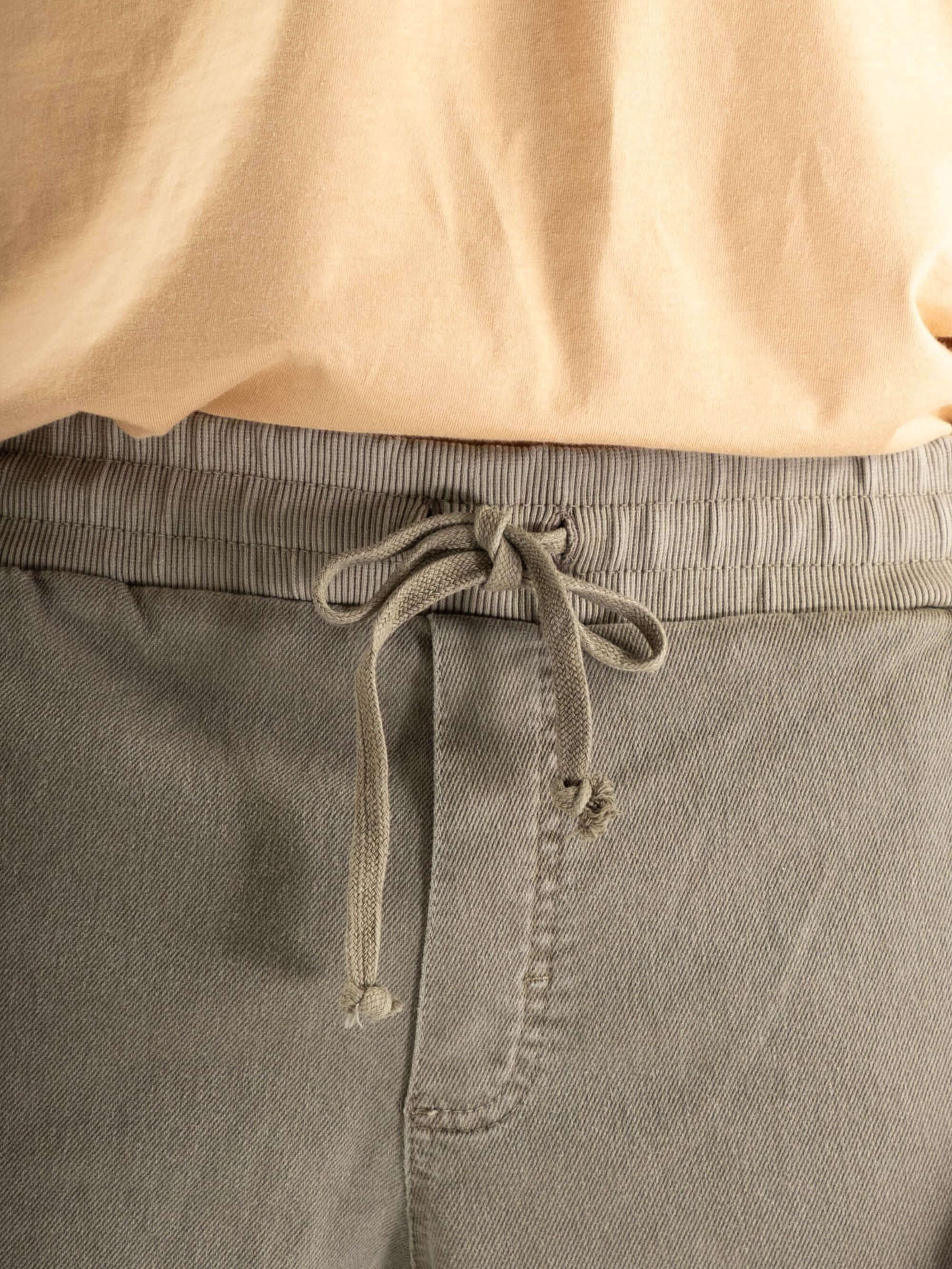 Detalhe do cós elástico e cadarço da calça jogger Greenish, indicando conforto e estilo moderno.