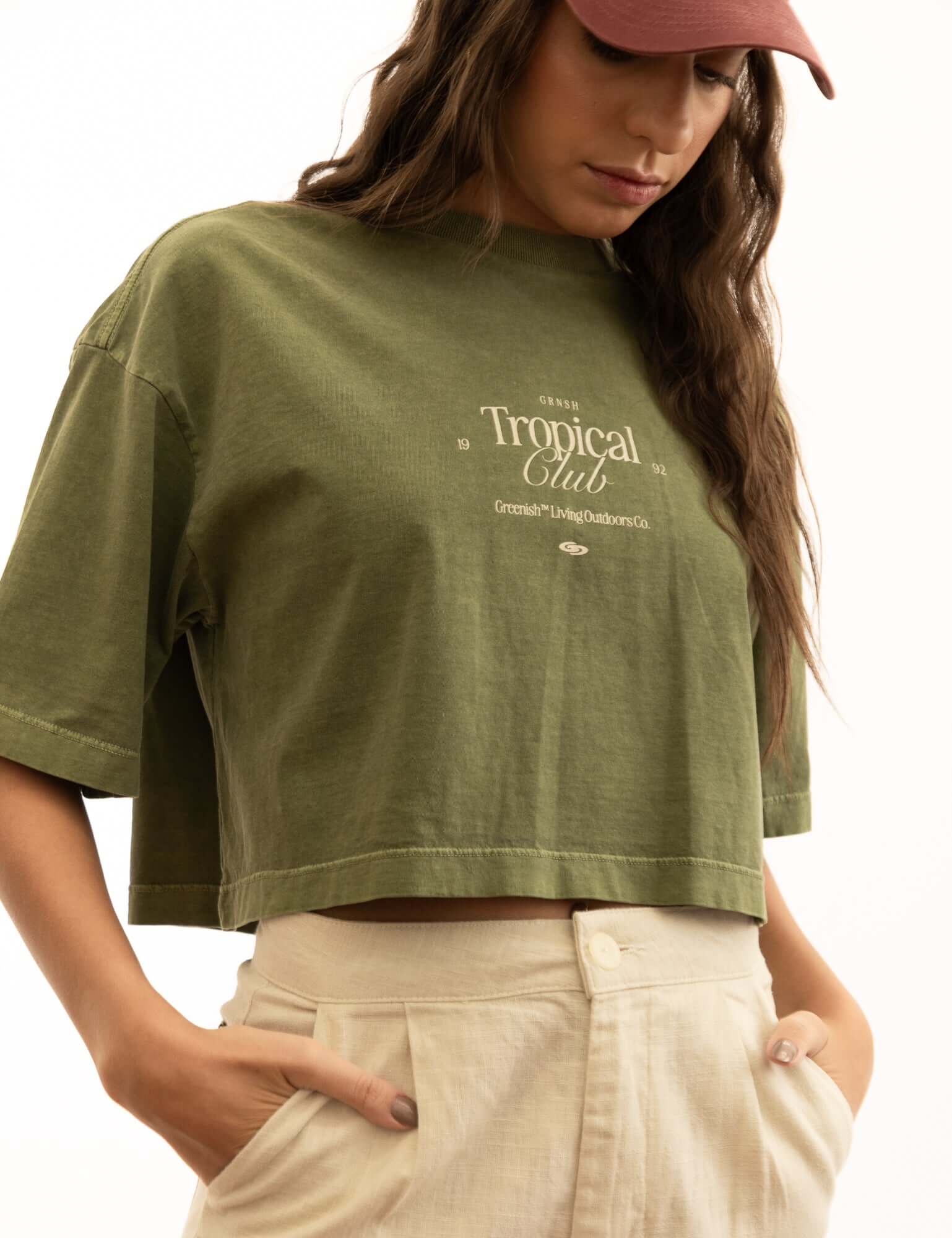 Greenish Cropped Oversized Stone Tropical Club - Verde, vintage style cotton tee with a relaxed fit and Tropical Club print.