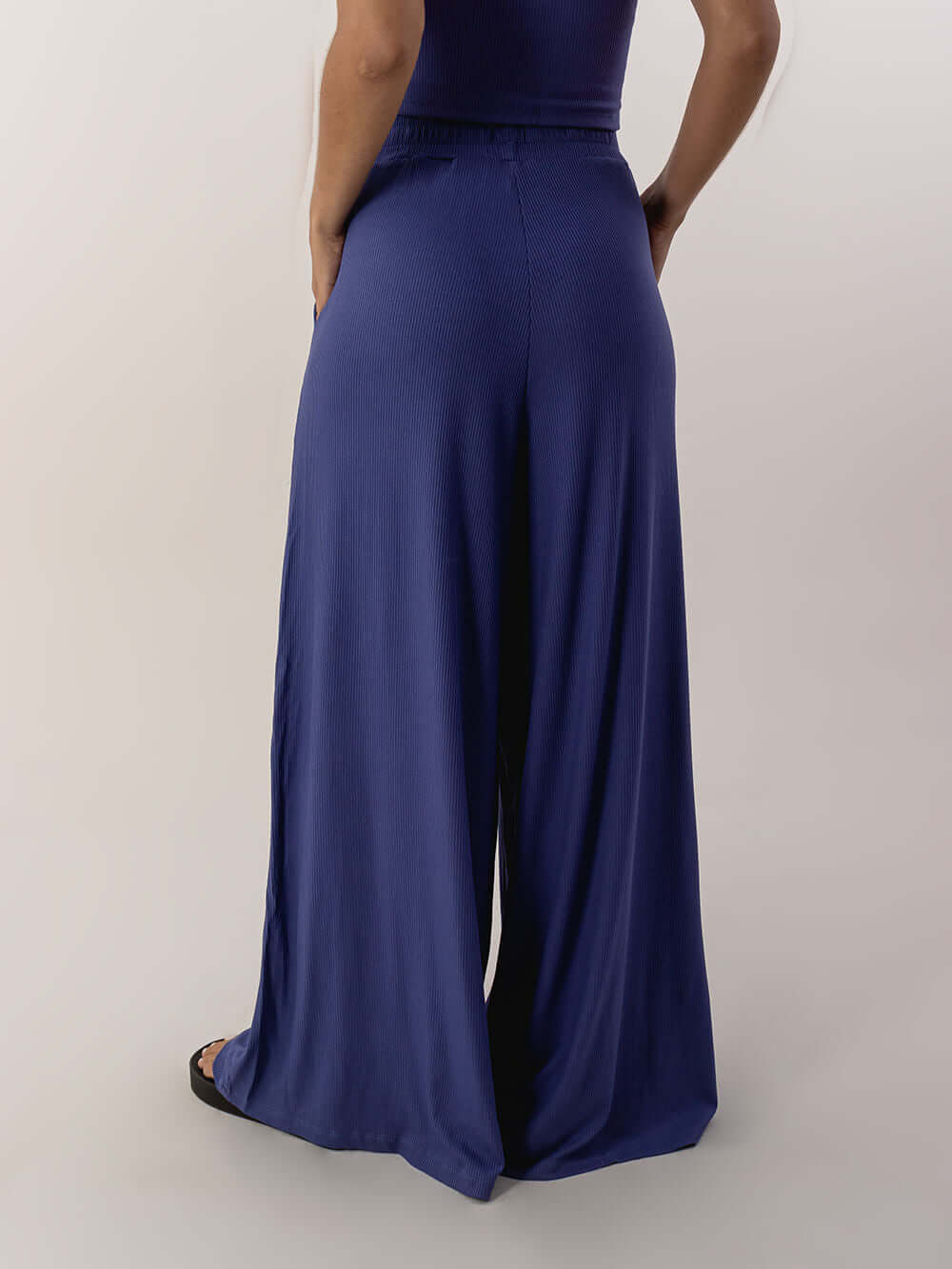 Calça pantalona Bruna azul da marca Greenish, vista traseira, perfeita para looks confortáveis e estilosos.