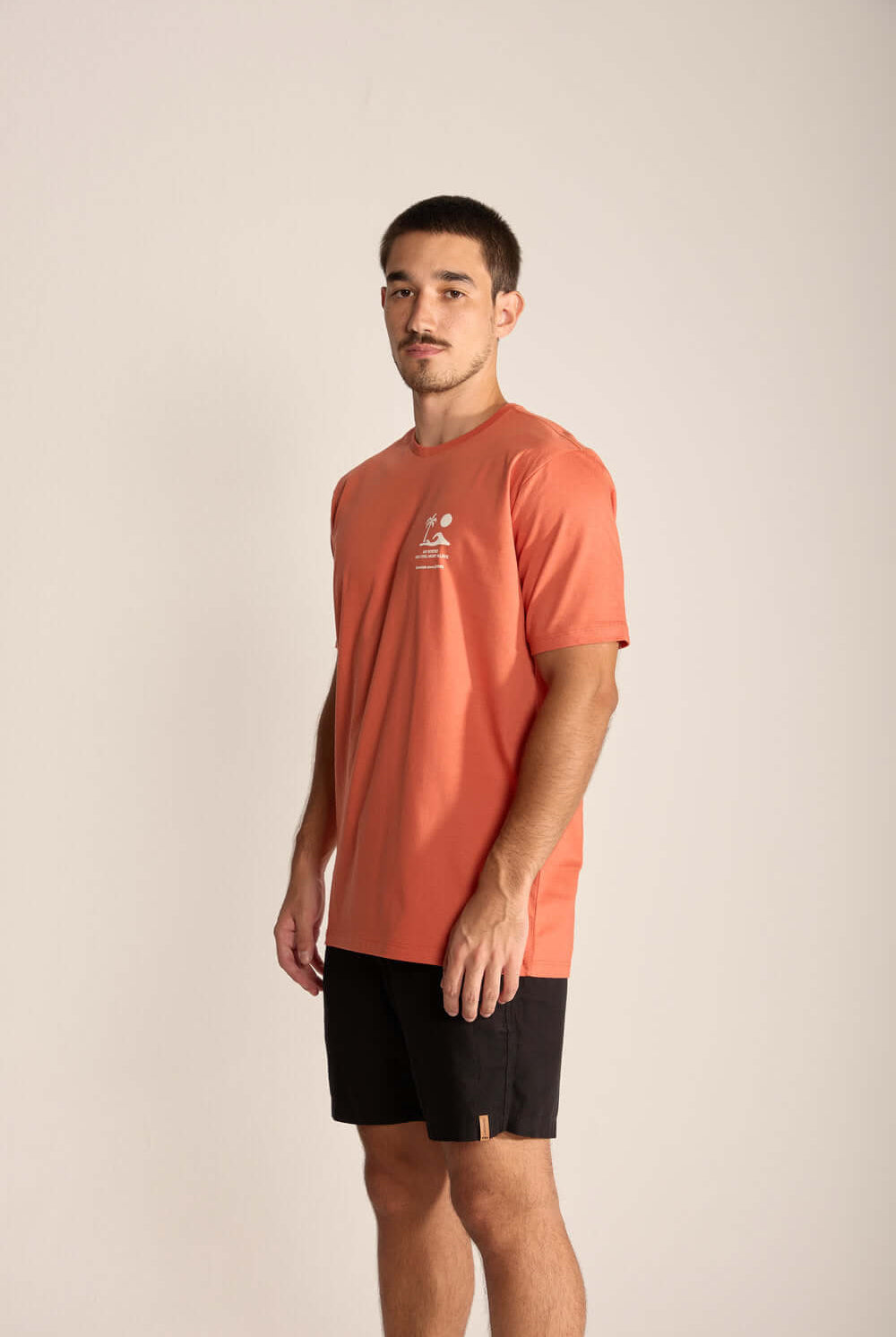 Camiseta masculina Greenish Palm, Sun and Waves na cor telha, estilo minimalista e confortável.