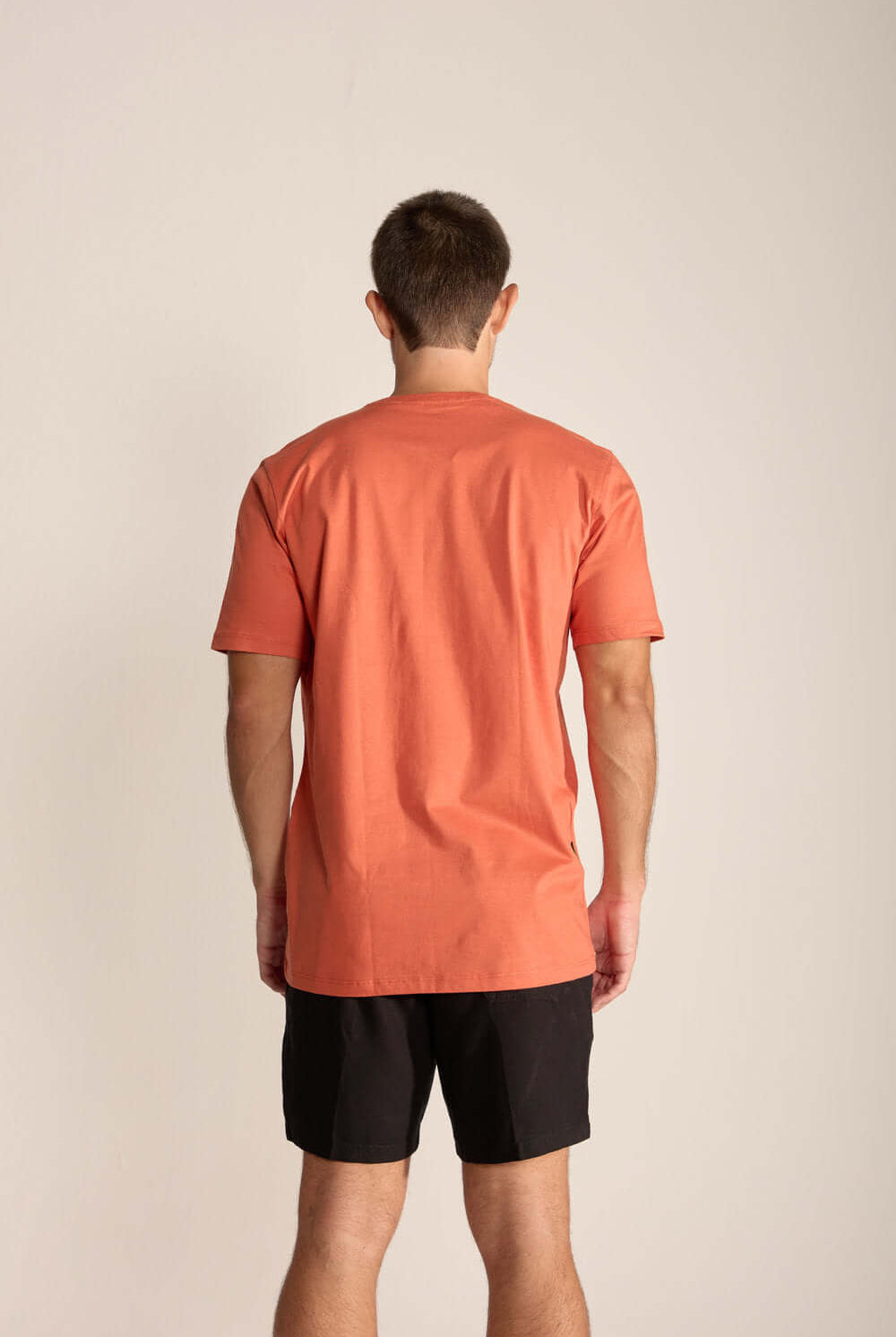 Camiseta masculina Greenish Palm, Sun and Waves na cor telha, vista traseira, ideal para amantes da natureza.