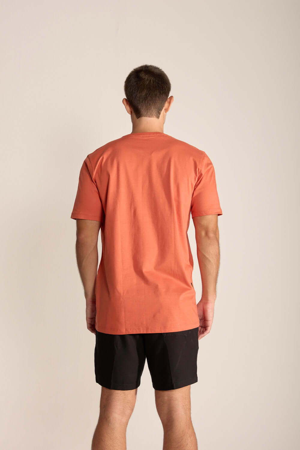 Camiseta masculina Greenish Palm, Sun and Waves na cor telha, vista traseira, ideal para amantes da natureza.