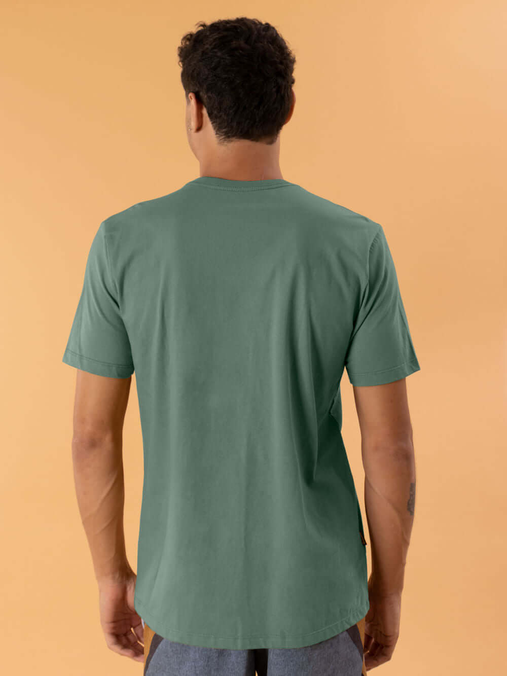 Camiseta verde Greenish Small Logo, modelo clássico, vista traseira, confeccionada em algodão sustentável.