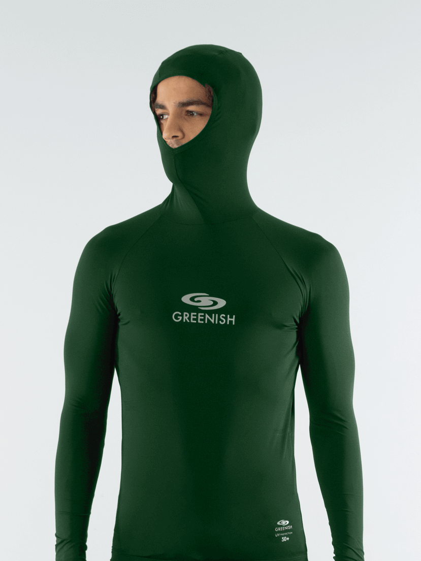 Colete com capuz da Greenish, verde, feito em lycra UV, ideal para esportes na água, confortável e durável.