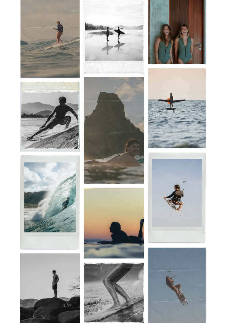 Colagem de surfistas, mostrando manobras na água e retratos de duas mulheres. Imagens em preto e branco e cores vibrantes.
