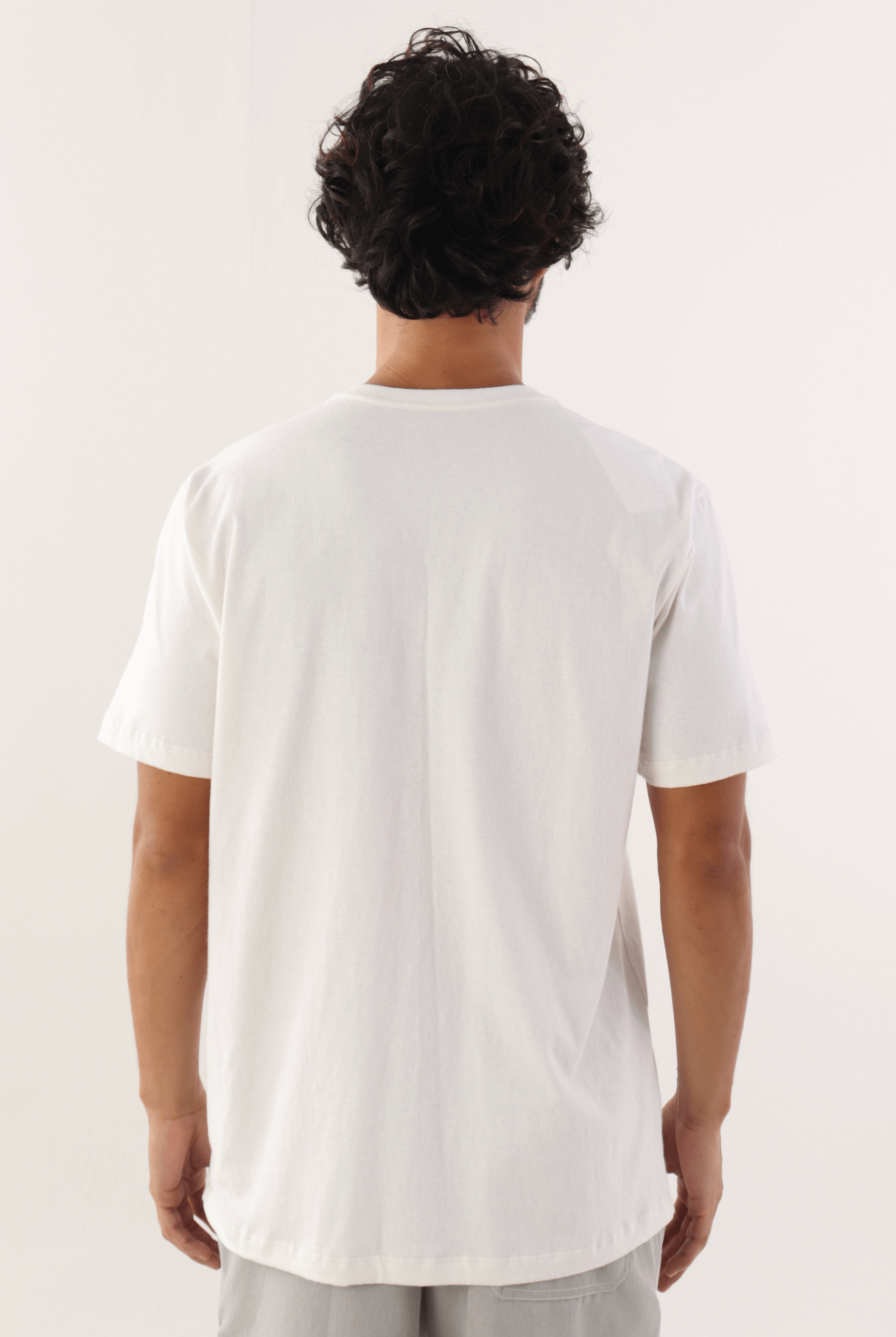 Homem vestindo camiseta Greenish Off White vista de costas, na cor branca. Moda casual masculina com qualidade e estilo.