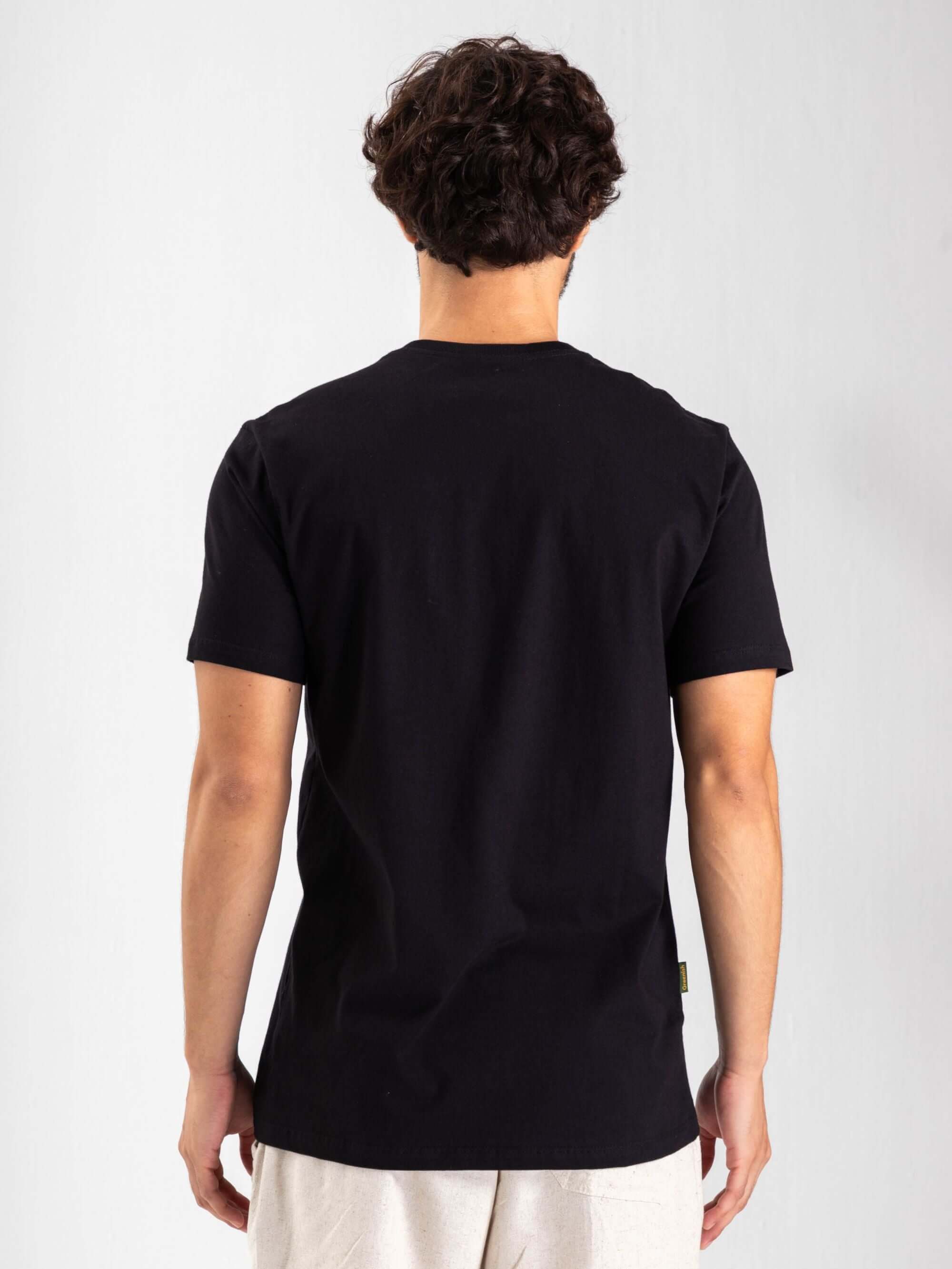 Camiseta preta Greenish 'Simplify Your Living' vista de costas, estilo moderno e confortável.