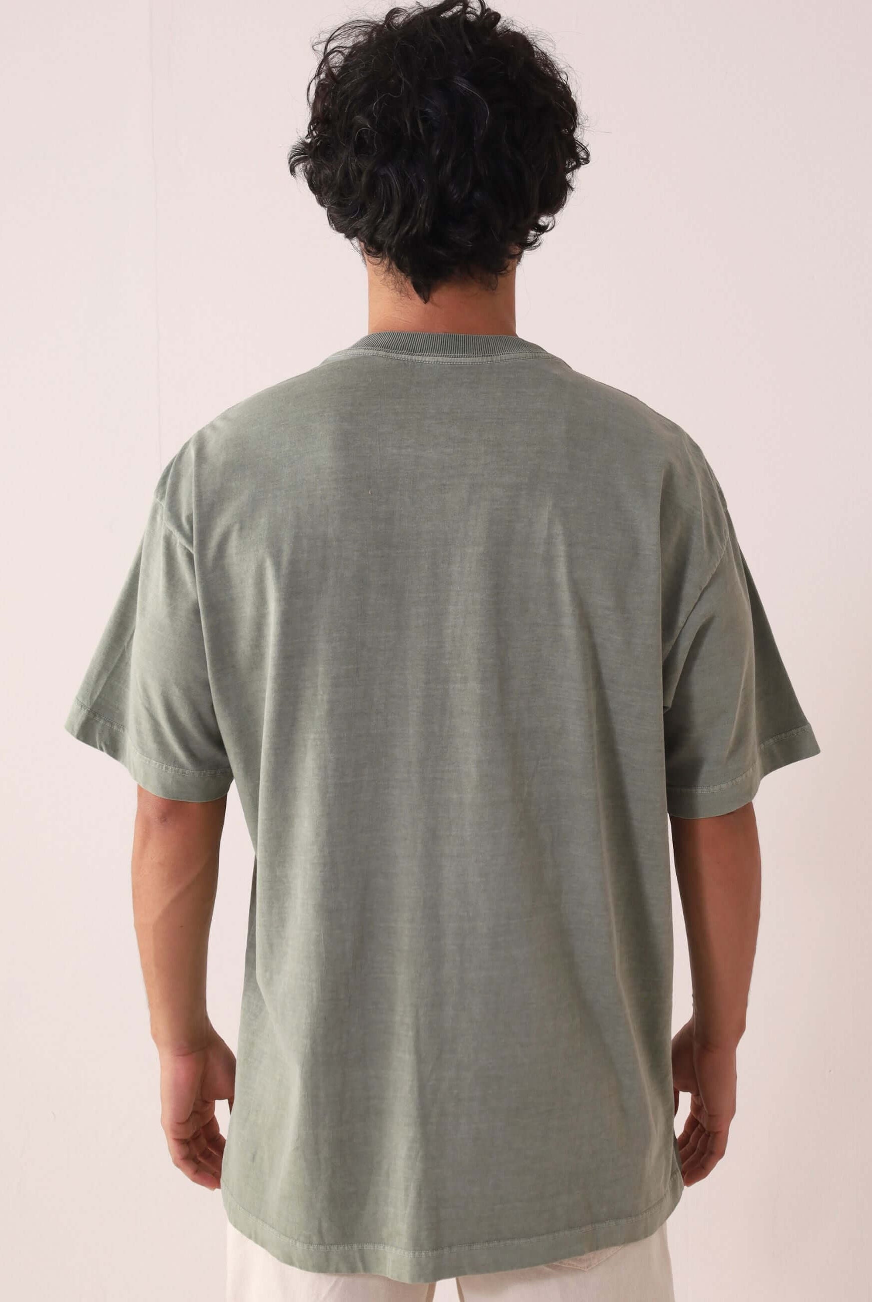 Camiseta Stone Oversized GRNSH - Chumbo, toque macio e vintage, 100% algodão da marca Greenish, modelo de costas.