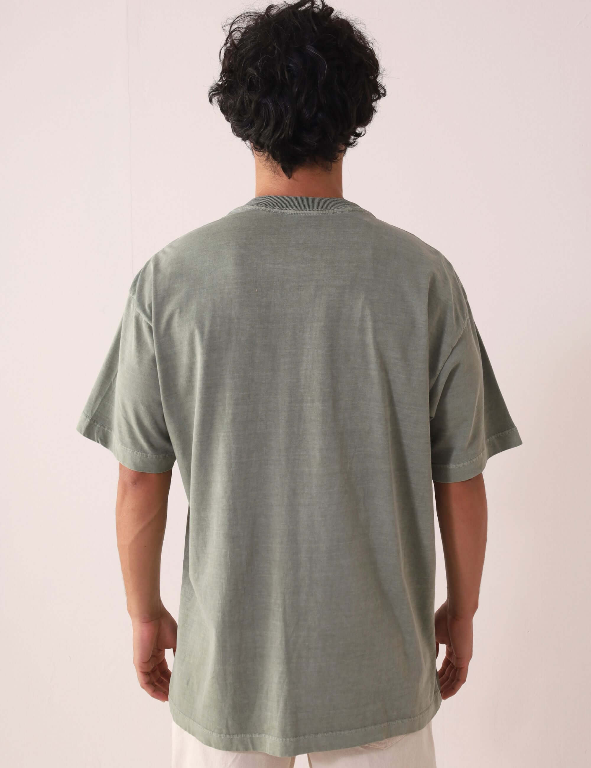 Camiseta Stone Oversized GRNSH - Chumbo, toque macio e vintage, 100% algodão da marca Greenish, modelo de costas.