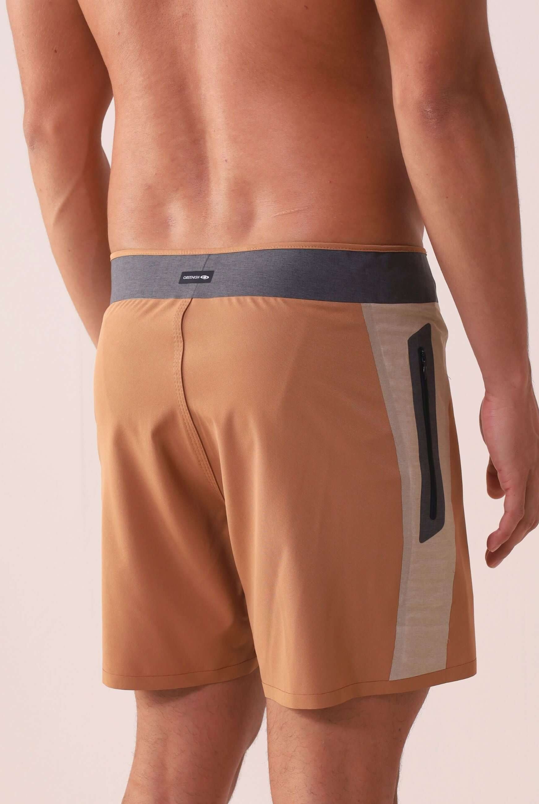 Boardshort Ultralight II Sunset - Caqui da Greenish, leve e resistente, ideal para atividades no mar ou na rua, com bolso zíper.