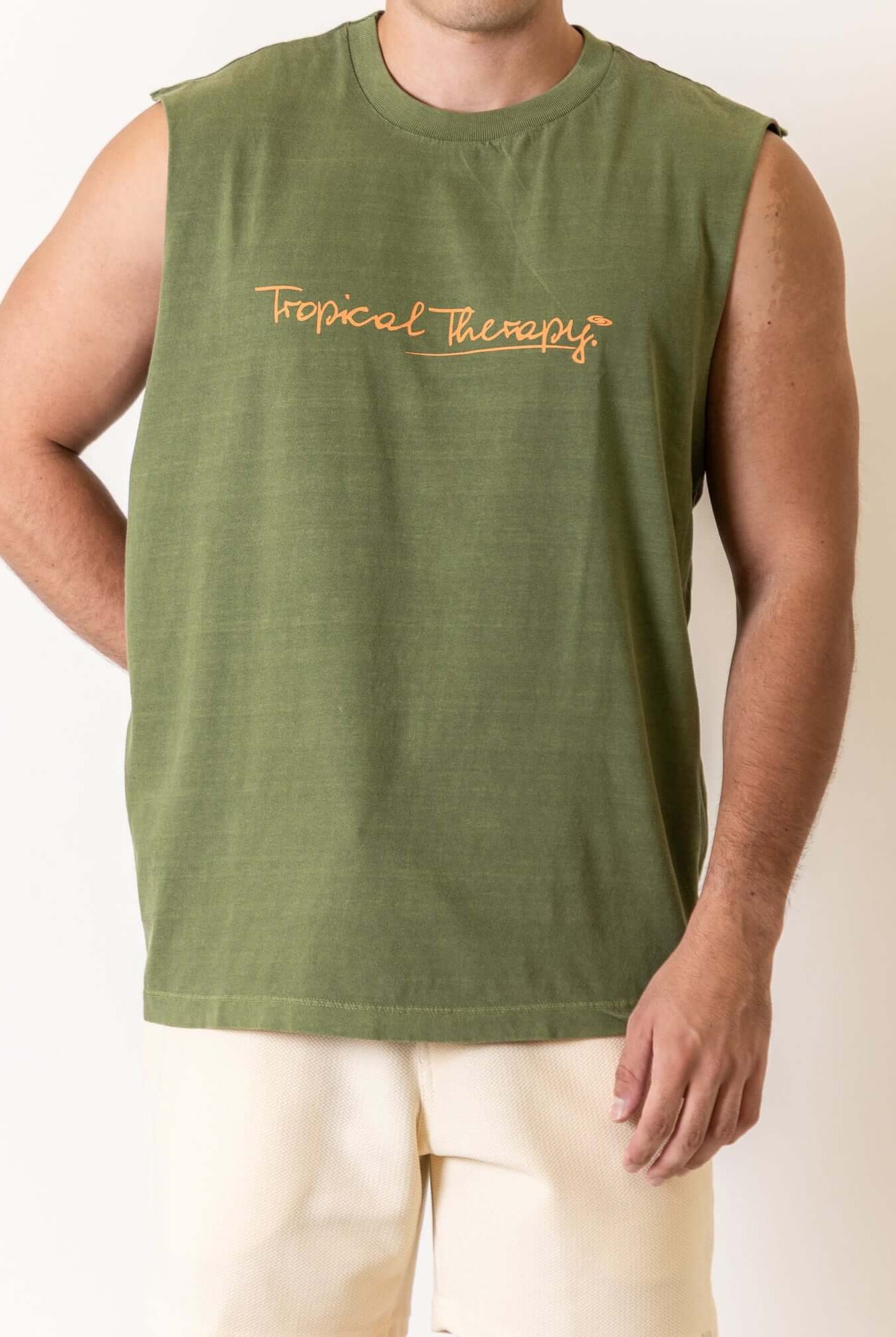 Greenish Regata Larga Tropical Terapy - Verde tank top modeled, showcasing casual style and comfort in a green shade.