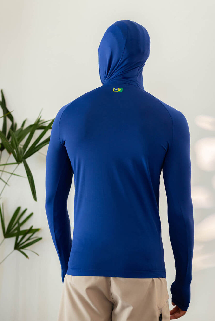Colete com capuz azul royal Greenish, ideal para esportes aquáticos e proteção UV, conforto e durabilidade.