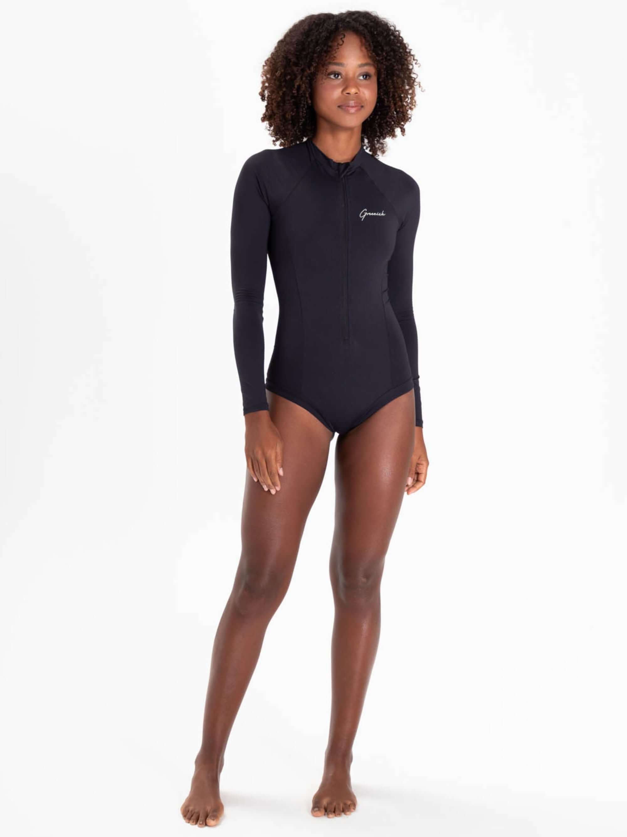 Maiô feminino Preto Solid Color da Greenish, com proteção UV e fechamento frontal em zíper.