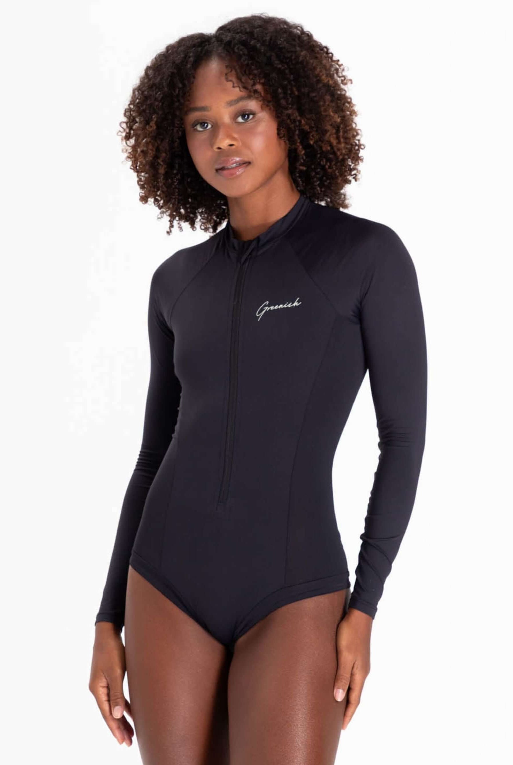 Maiô preto Greenish Solid Color com proteção UV, zíper frontal e conforto ideal para esportes aquáticos.