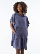 Navy blue short poncho towel with front kangaroo pockets and hood, perfect for beach and water sports.