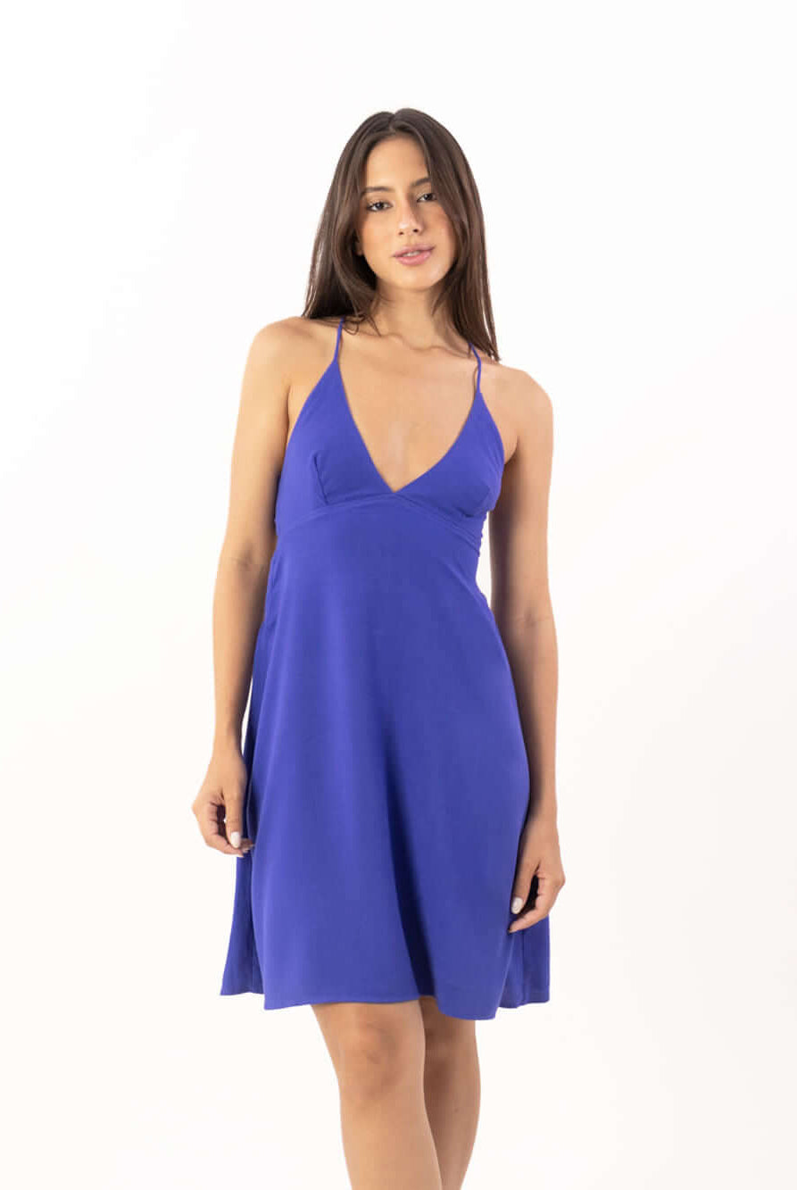 Vestido curto Amanda da Greenish, azul, em tecido 100% viscose, moderno e leve, ideal para passeios.