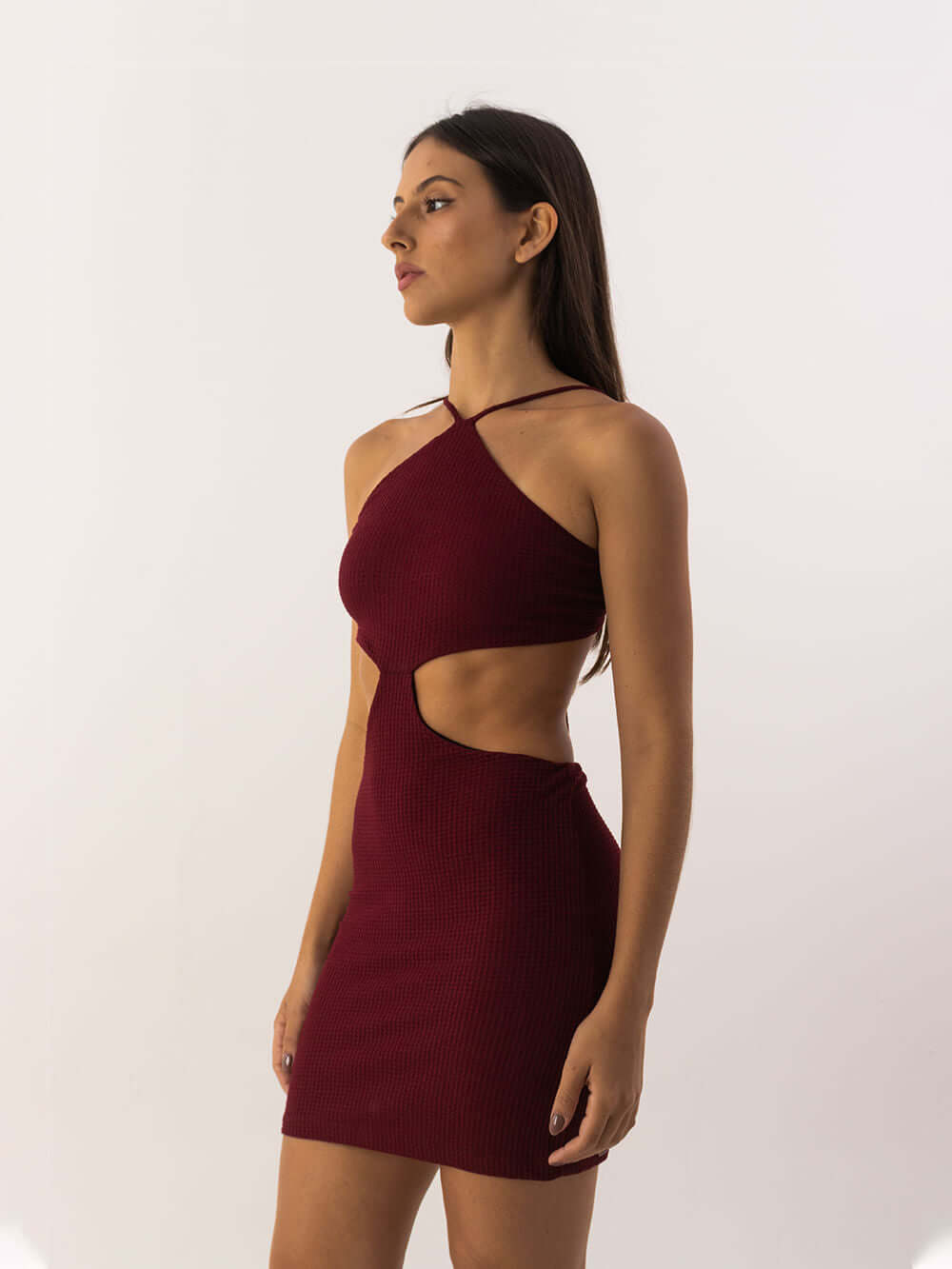 Vestido curto Casey Vinho da Greenish, elegante e confortável, com decote alto e recortes únicos.