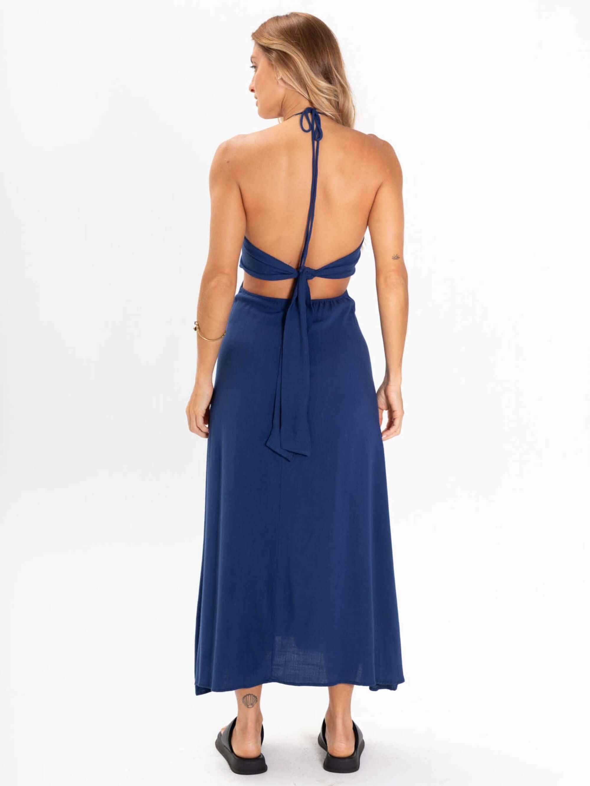 Vestido midi Alyssa da Greenish, azul, com decote em V e amarração nas costas, ideal para looks elegantes.