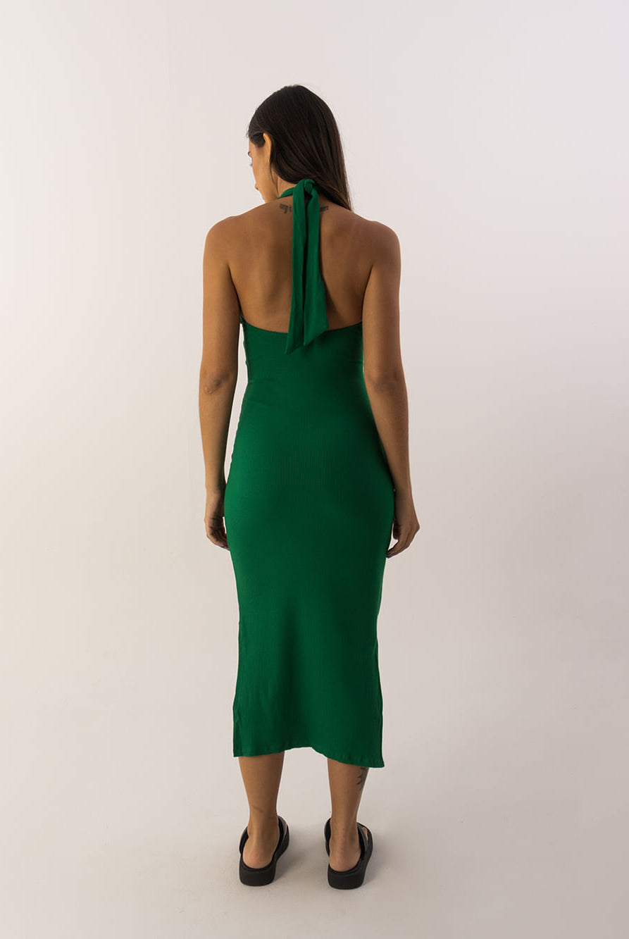 Vestido midi Joy da marca Greenish, verde escuro, com detalhe de laço nas costas.