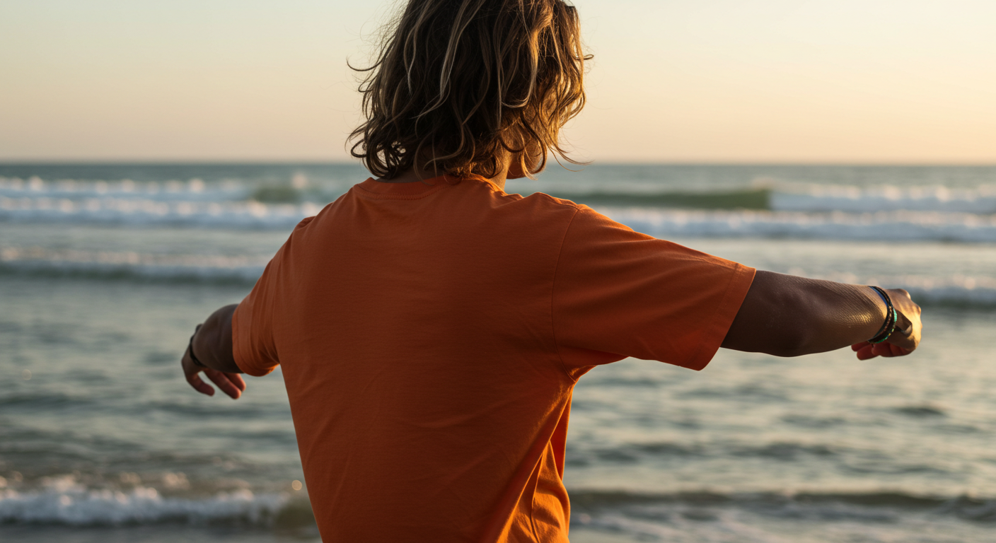 Homem com camiseta laranja da coleção Masculino Greenish, admirando o mar ao pôr do sol.