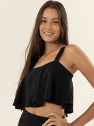 Top cropped preto da Greenish, estilo Marbella, com babados e alças, perfeito para looks de verão.