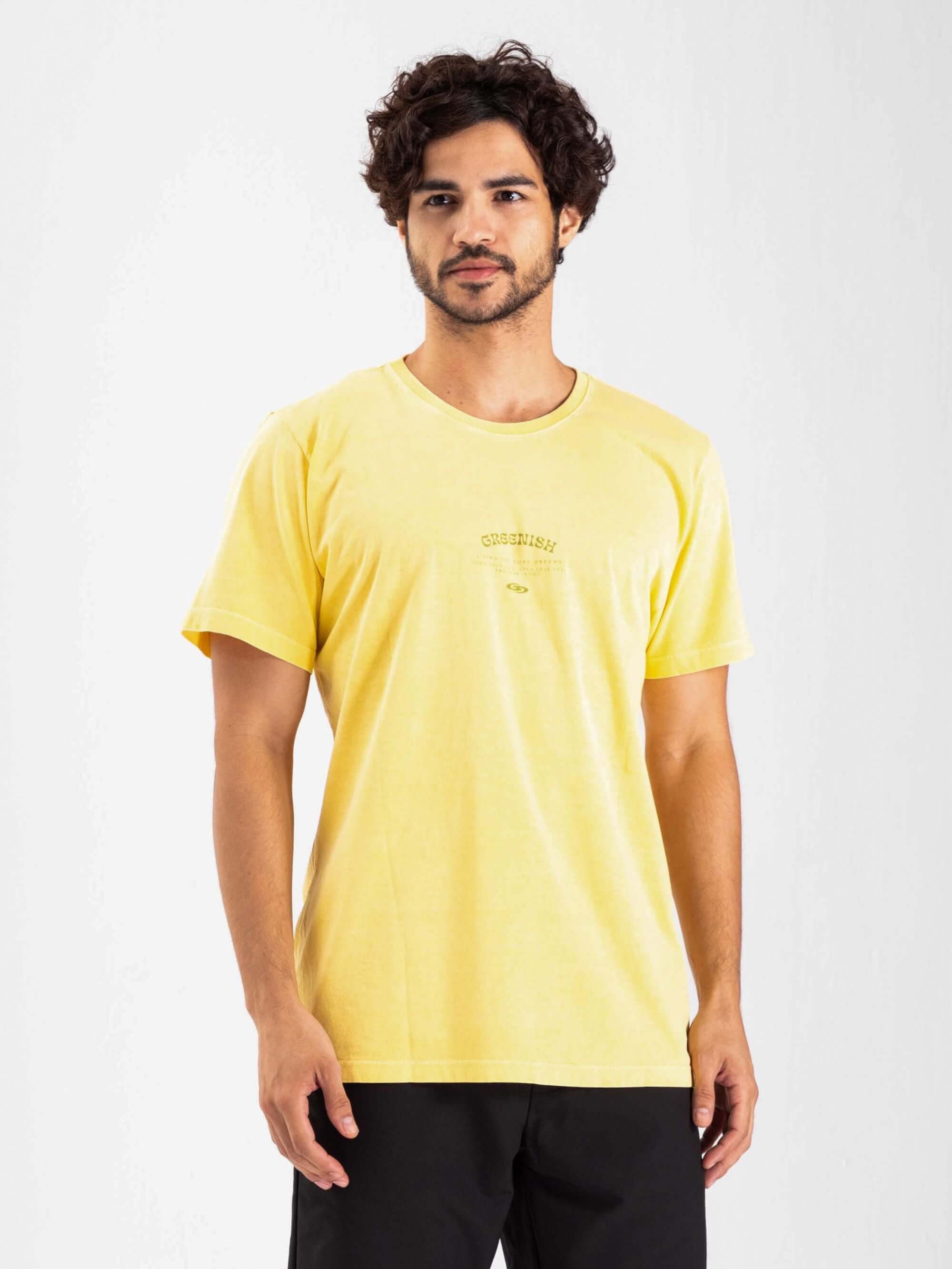 Camiseta Vintage The Sun amarela da Greenish, modelagem clássica e confortável, perfeita para dias ensolarados.