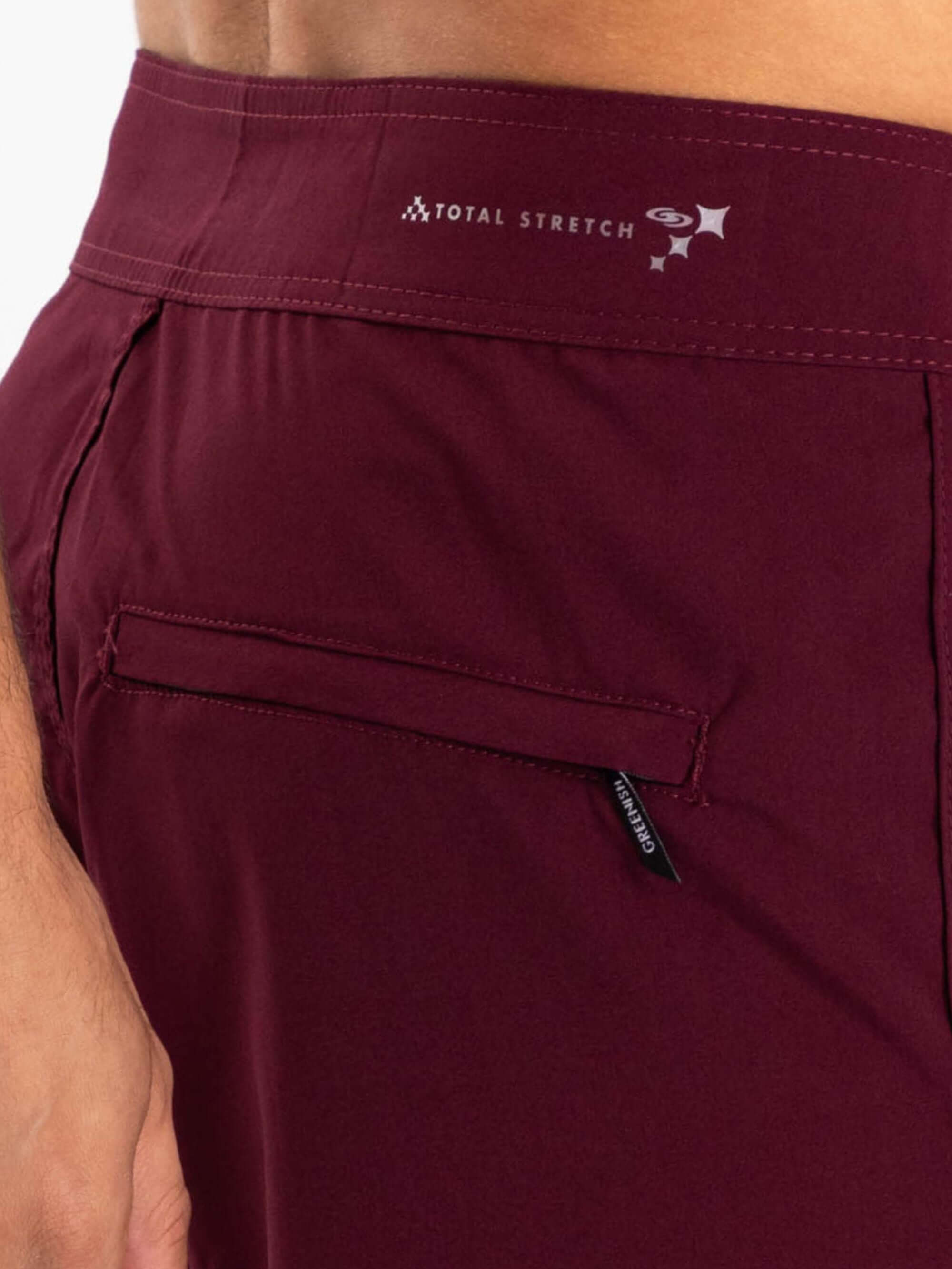 Greenish Boardwalk New Basic Bordo shorts showing total stretch fabric and functional zippered pocket.