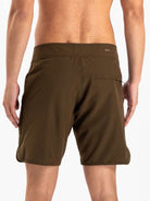 Back view of Greenish Boardwalk New Basic shorts in verde, featuring a dual waistband and zippered back pocket.