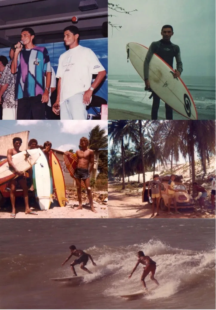 Montagem de fotos de surfistas no Brasil, mostrando competições e momentos de lazer nas praias.