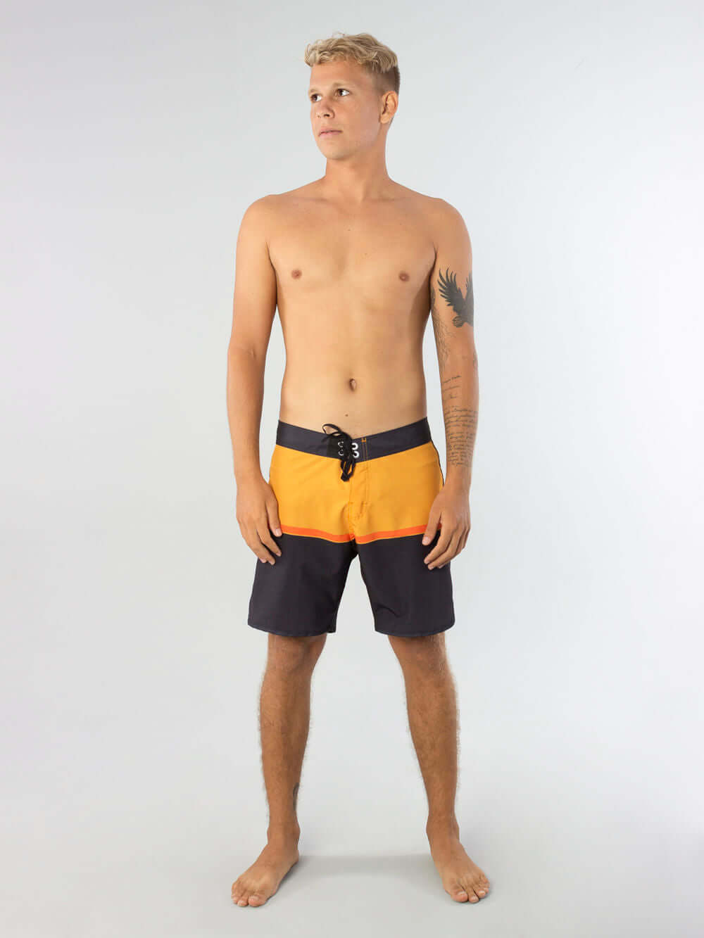 Boardshort Adventures Amarelo by Greenish, featuring ergonomic waistband and stylish design for comfort.