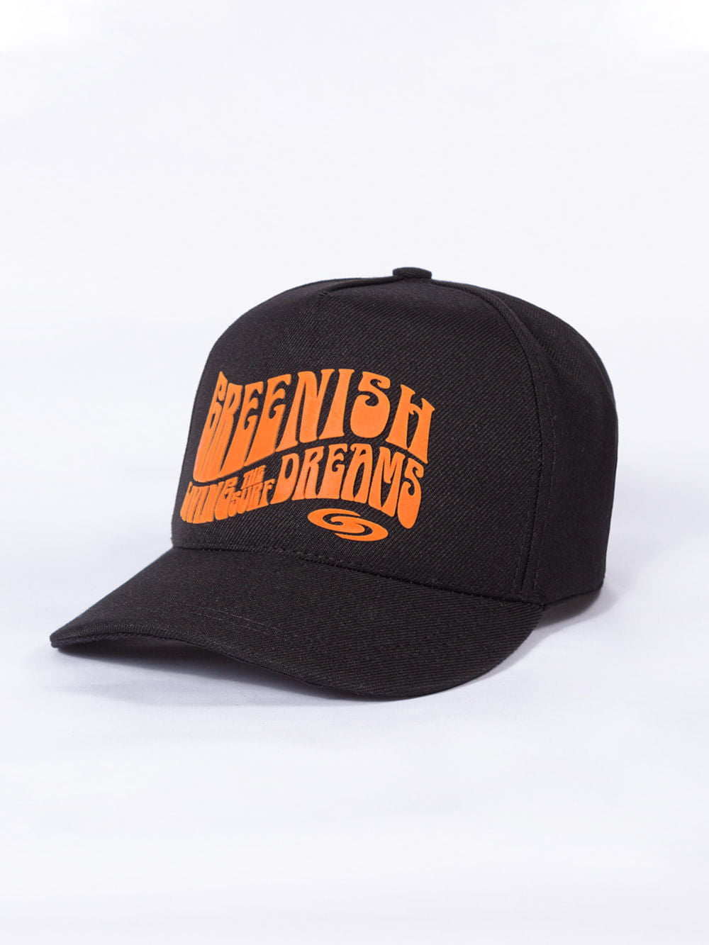 Boné preto retro da marca Greenish com estampa laranja dizendo 'Dreams'.