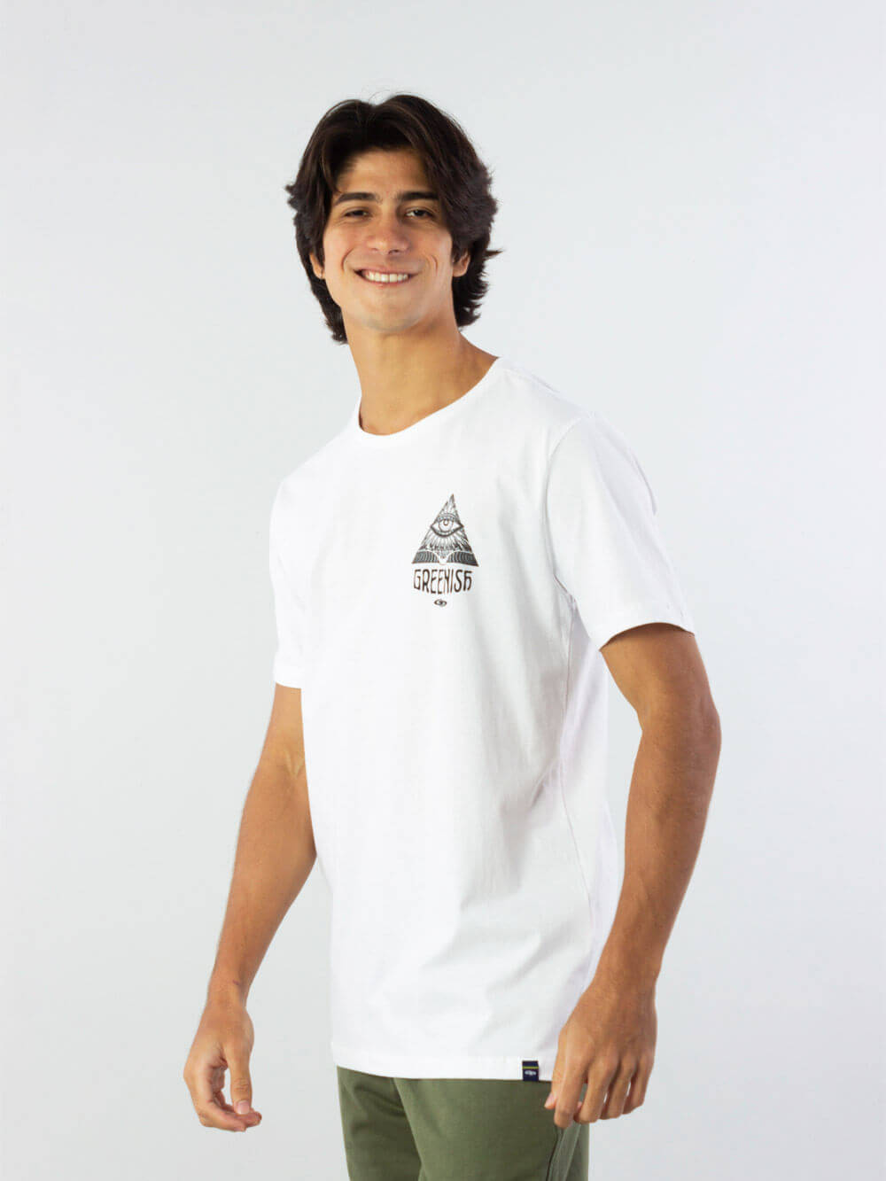 Camiseta branca Look Inside da Greenish, perfeita para surfistas, confeccionada em 100% algodão, estilo confortável.
