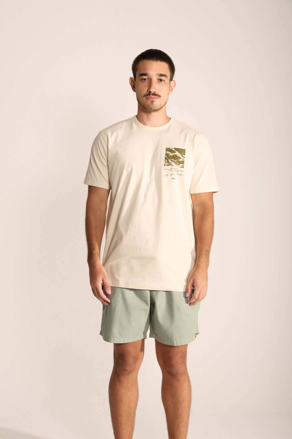 Camiseta bege da marca Greenish com estampa de palmeira, ideal para relaxar na praia ou na rotina diária.