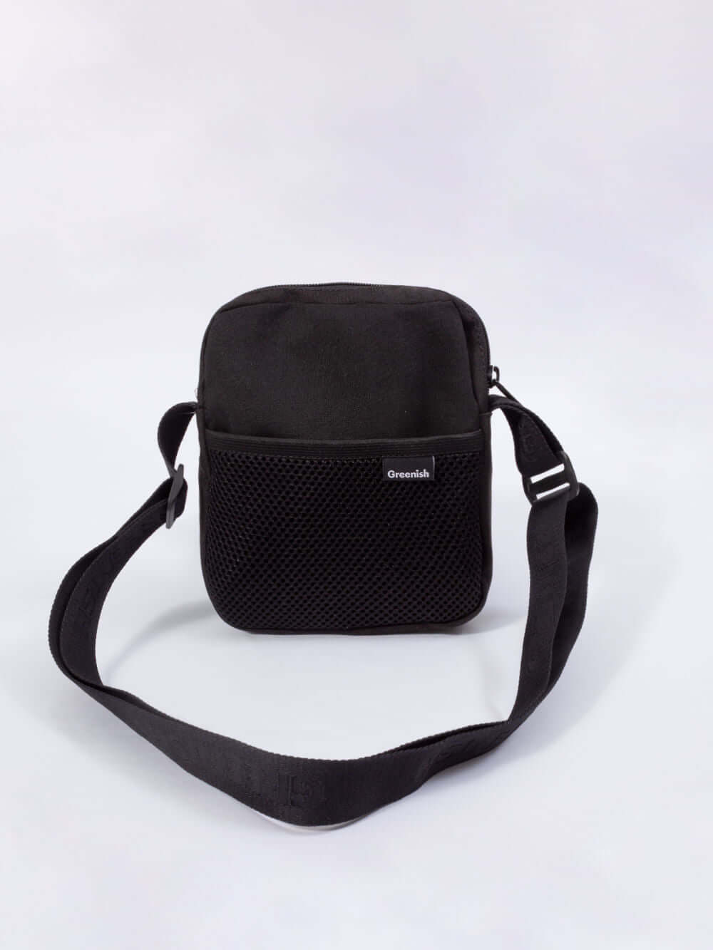 Greenish BAG REEF - CINZA, a stylish black messenger bag with mesh accents, perfect for everyday use.