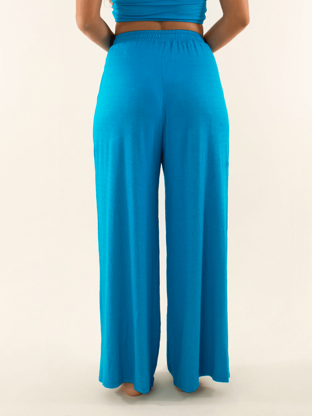 Calça Greta Azul da Greenish, vista traseira, estilo amplo e confortável, ideal para qualquer ocasião.
