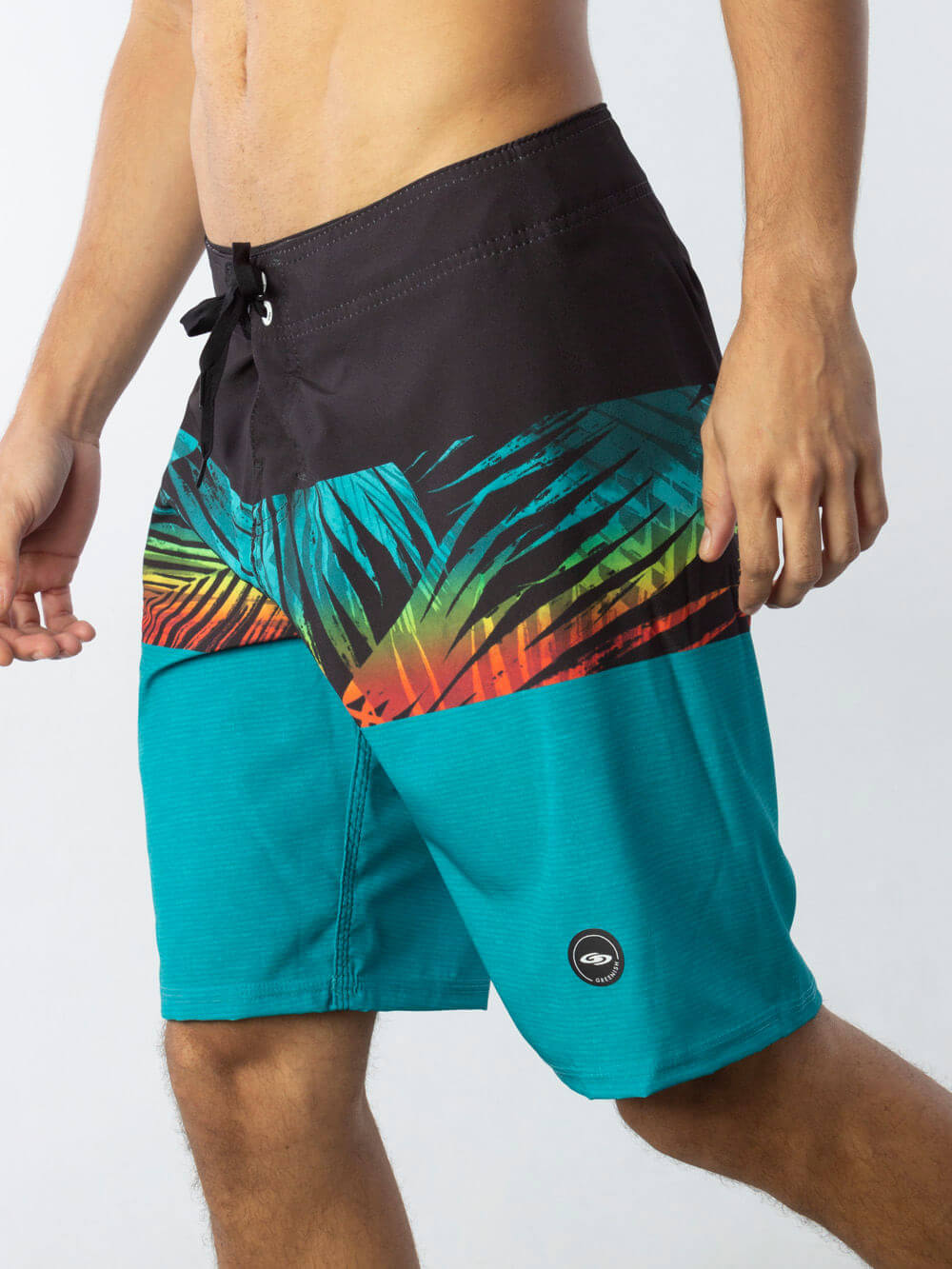Greenish Boardsport Palm Leaves Boardshorts in Azul – vibrant design for ultimate summer style.