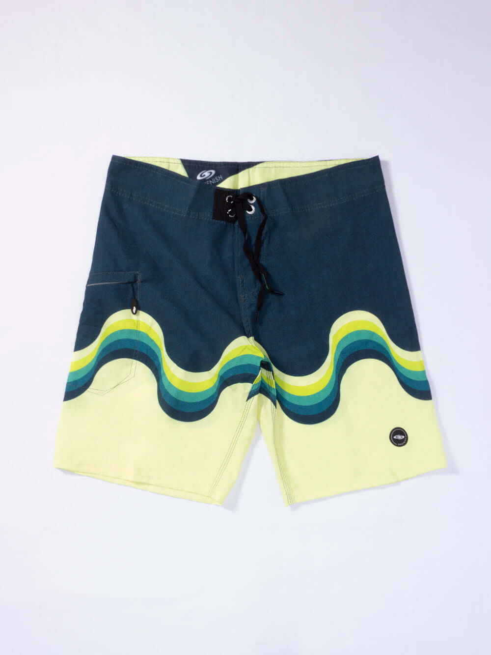 Greenish Boardshort Retro - Verde with vibrant wave pattern and black drawstring, perfect for summer fun.