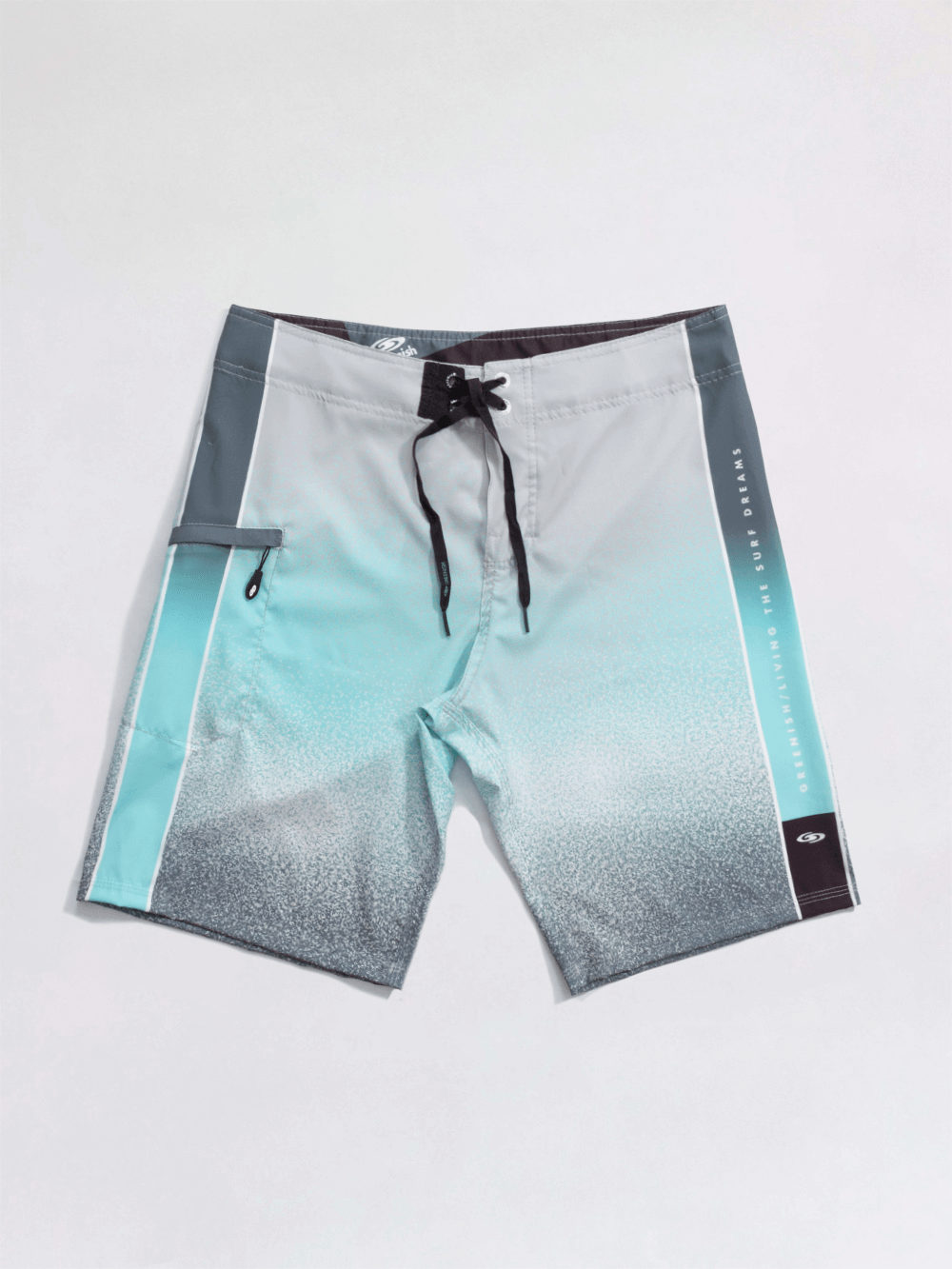 Greenish BOARDSHORT POLLEN - CINZA with gradient blue design and stylish details, perfect for beach or pool.