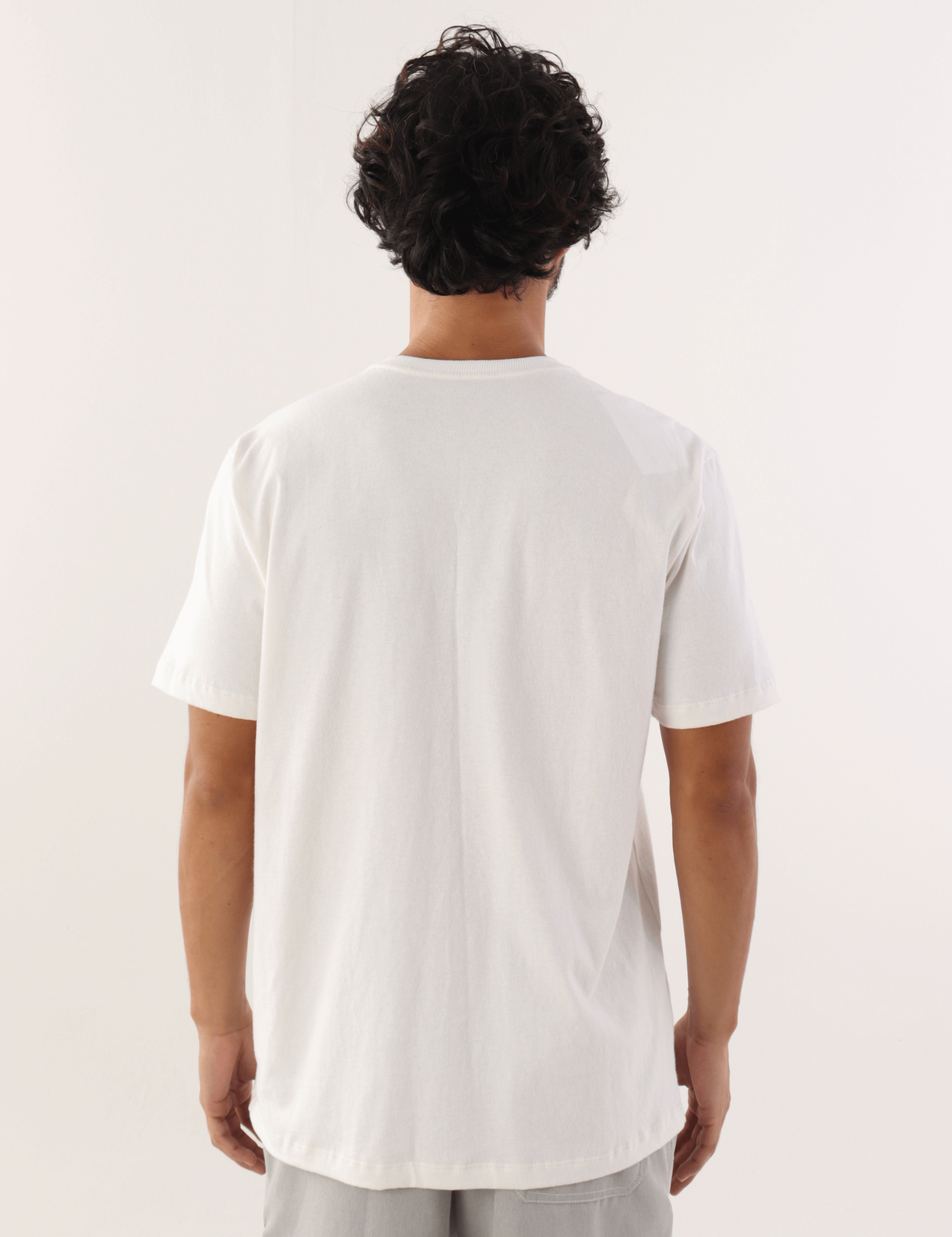 Homem vestindo camiseta Greenish Off White vista de costas, na cor branca. Moda casual masculina com qualidade e estilo.