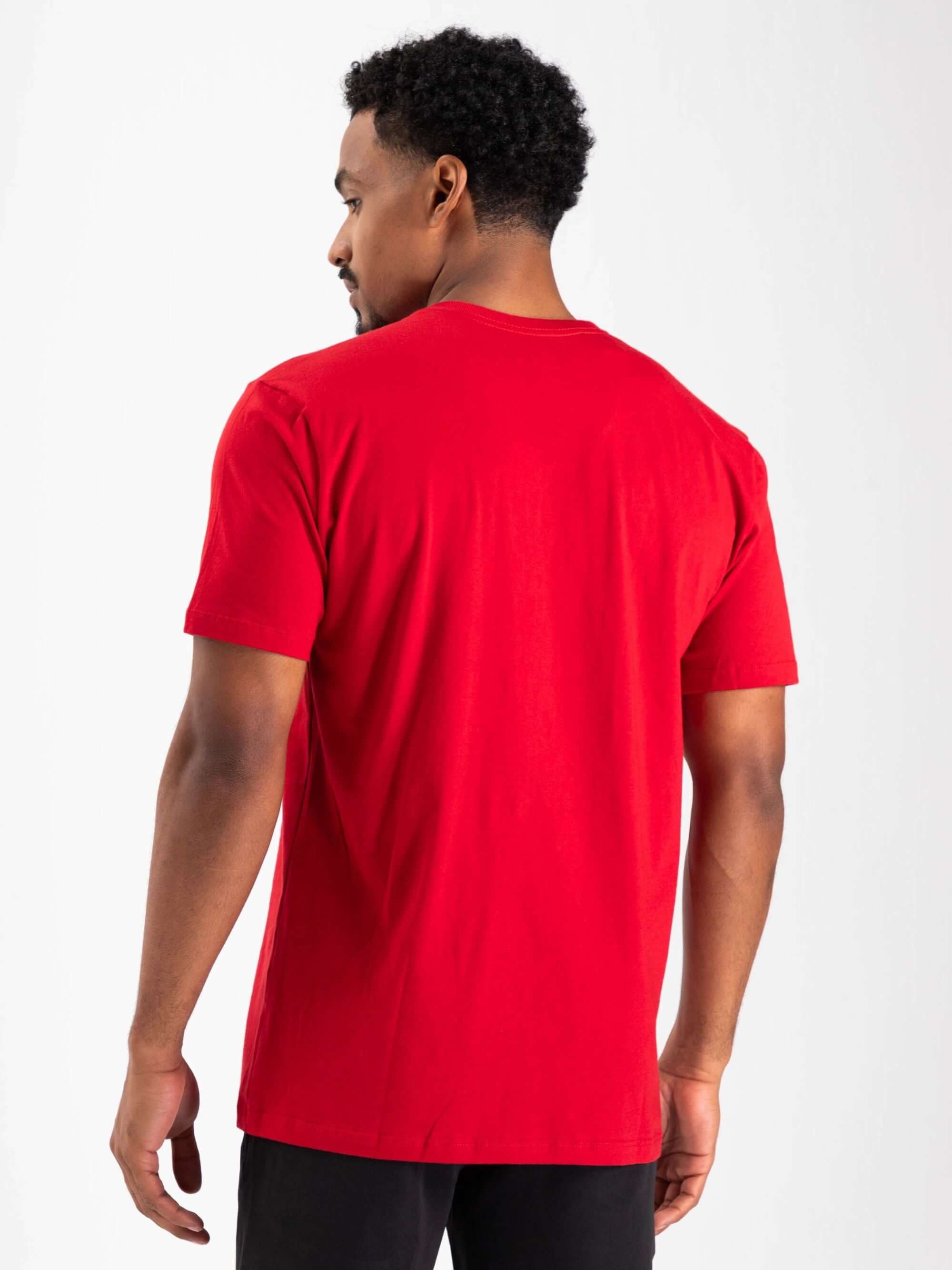 Camiseta básica vermelha da Greenish, modelo tradicional, vista de costas, feita de algodão sustentável.