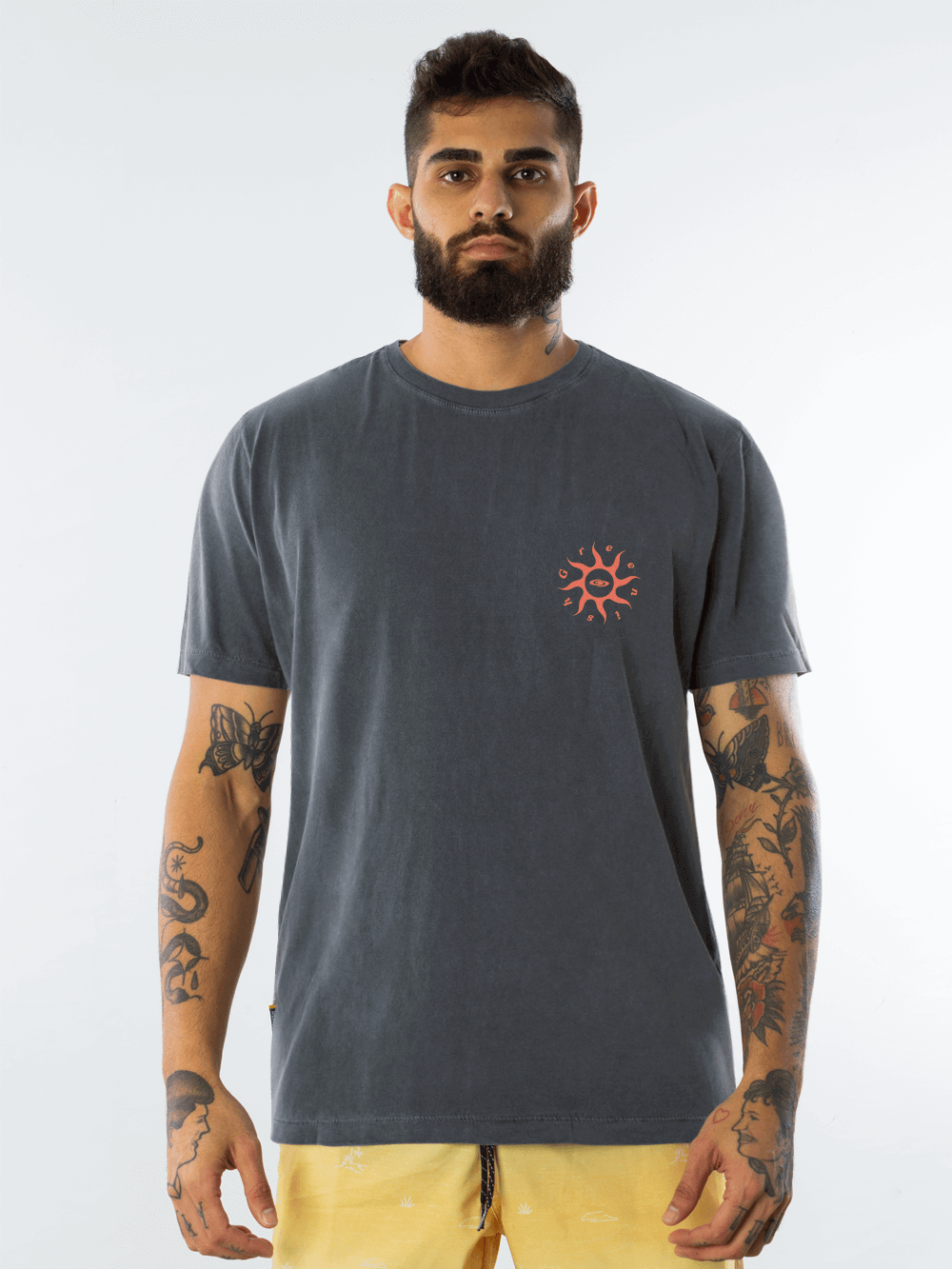 Camiseta vintage Sunshine grafite da marca Greenish, estilo casual com estampa de sol na frente.